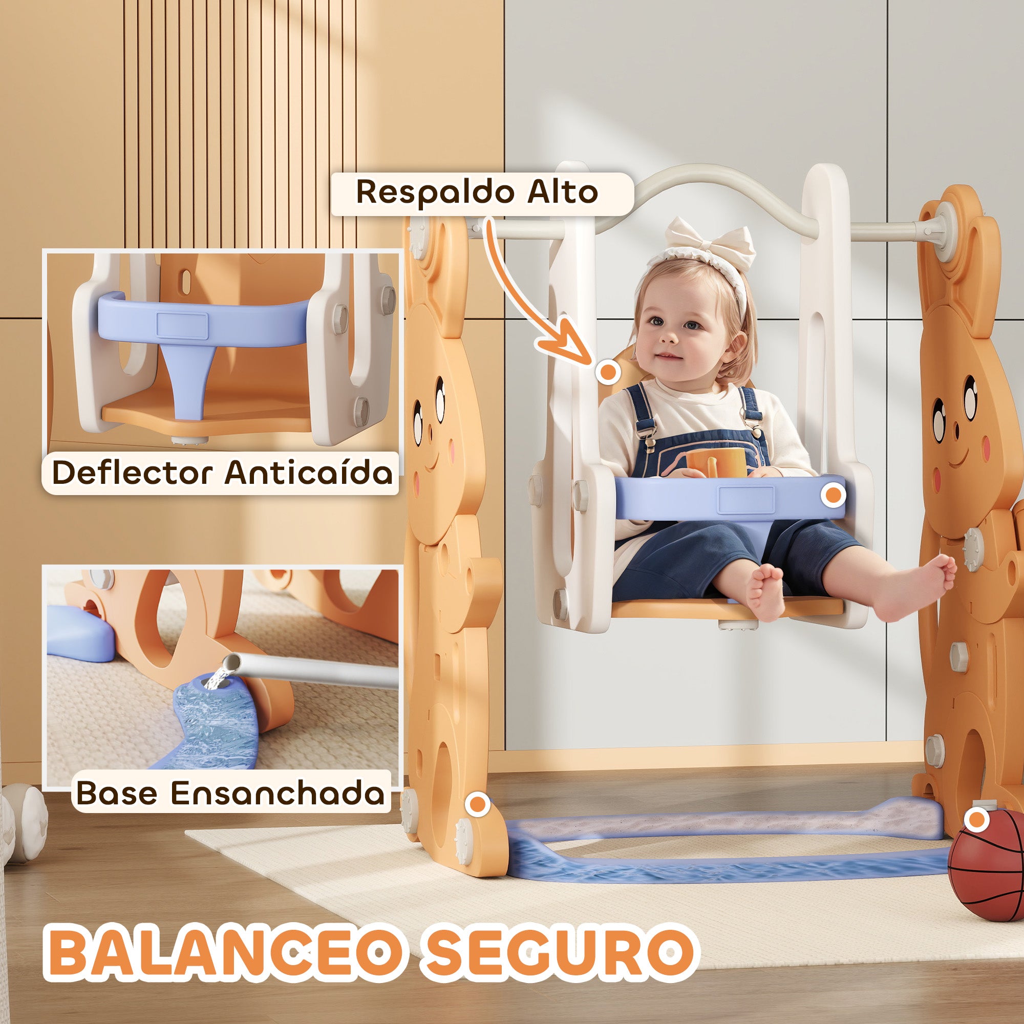 Children's Slide 4 in 1 Swing and Slide Climber Basketball Hoop Rabbit Theme Playground for Indoor and Outdoor Orange