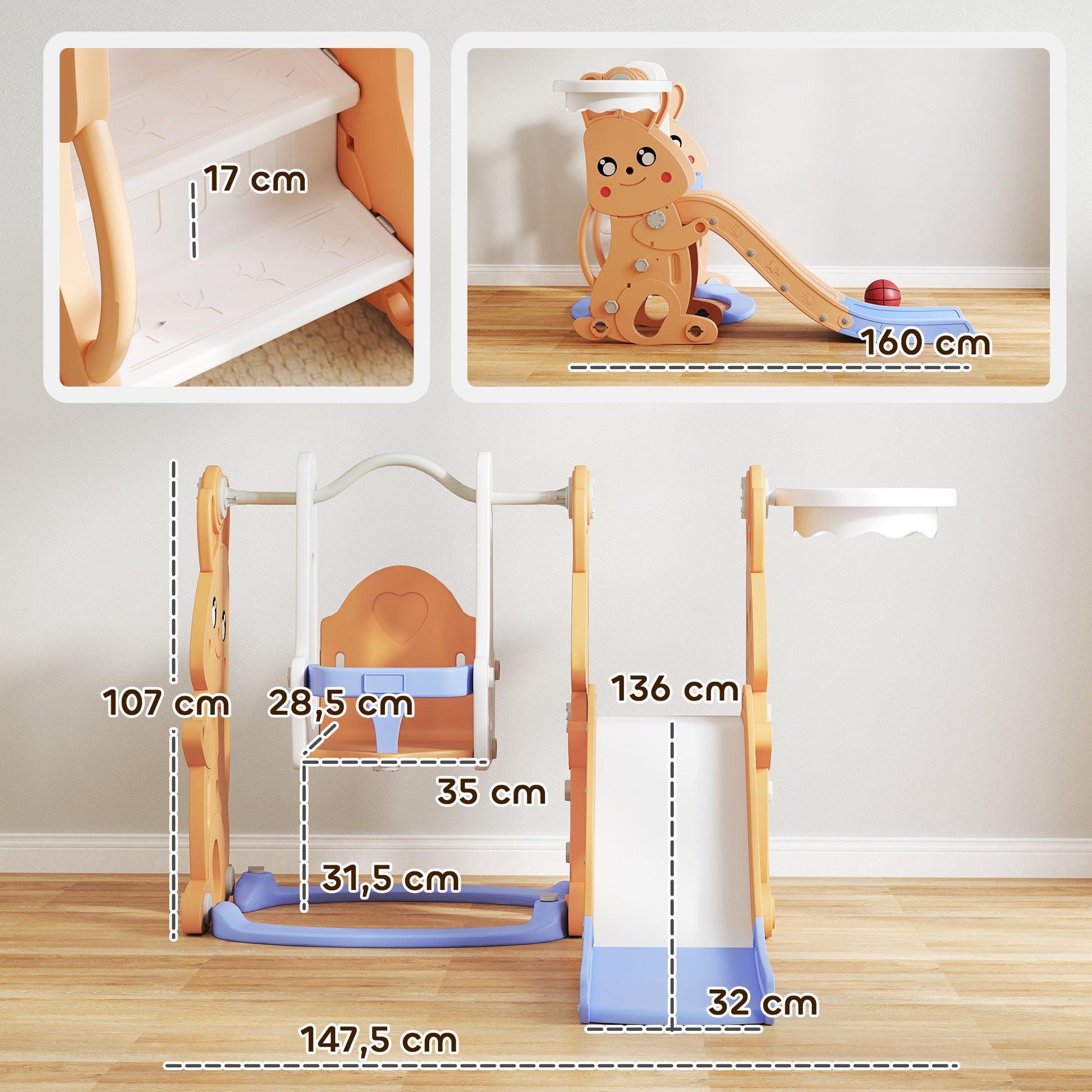 Children's Slide 4 in 1 Swing and Slide Climber Basketball Hoop Rabbit Theme Playground for Indoor and Outdoor Orange
