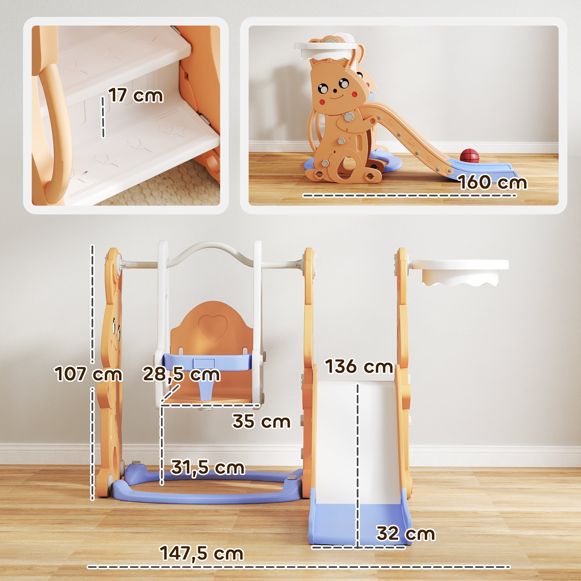 Children's Slide 4 in 1 Swing and Slide Climber Basketball Hoop Rabbit Theme Playground for Indoor and Outdoor Orange