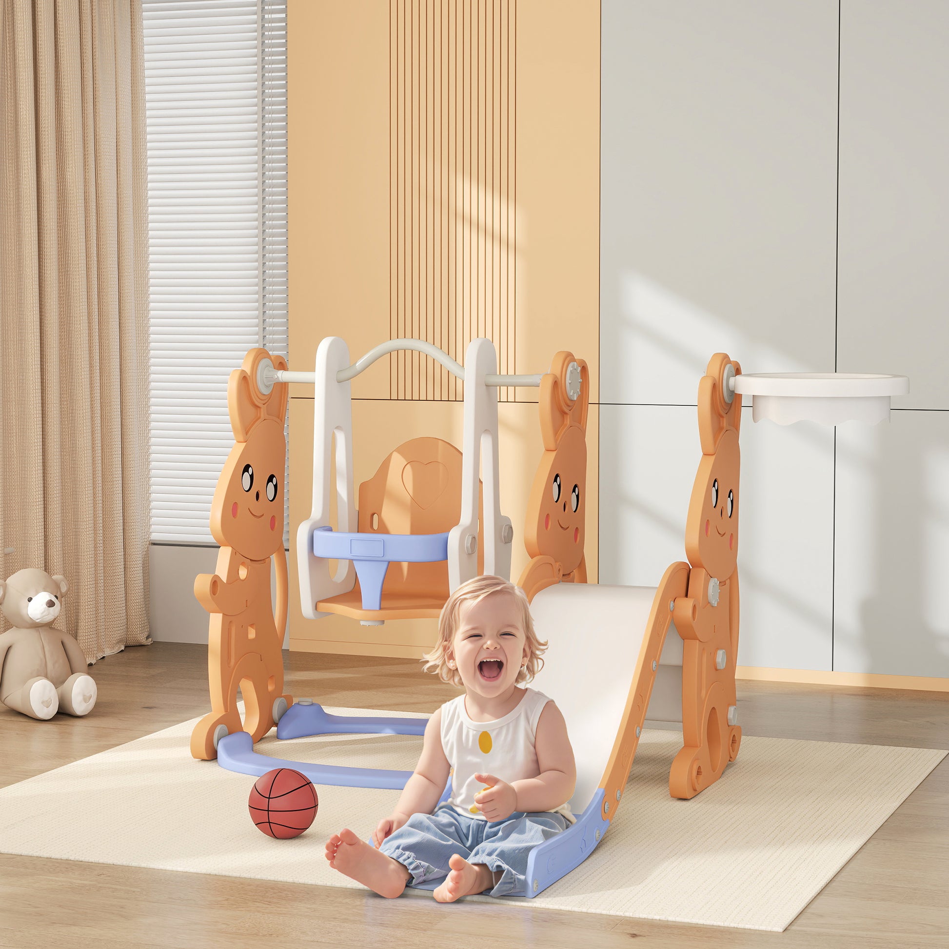 Children's Slide 4 in 1 Swing and Slide Climber Basketball Hoop Rabbit Theme Playground for Indoor and Outdoor Orange