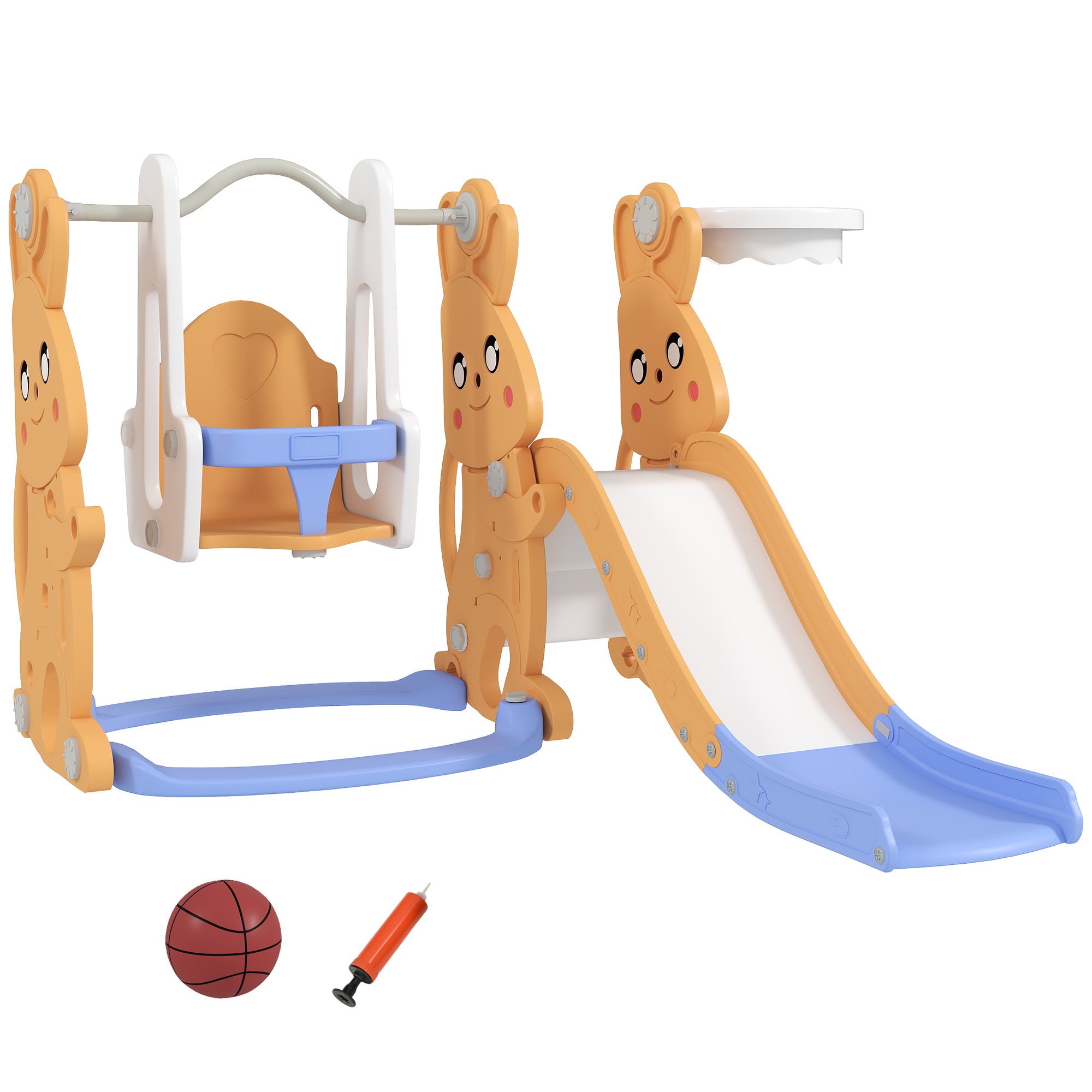 Children's Slide 4 in 1 Swing and Slide Climber Basketball Hoop Rabbit Theme Playground for Indoor and Outdoor Orange