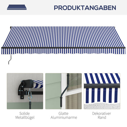 Retractable Patio Awning with Hand Crank, 400 x 300 cm, UV30+ Sun Awning Patio Awning with 45-85° Angle, Balcony Awnings with Waterproof Coating, Wall Mount, Blue+White