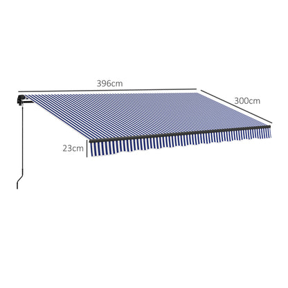 Retractable Patio Awning with Hand Crank, 400 x 300 cm, UV30+ Sun Awning Patio Awning with 45-85° Angle, Balcony Awnings with Waterproof Coating, Wall Mount, Blue+White