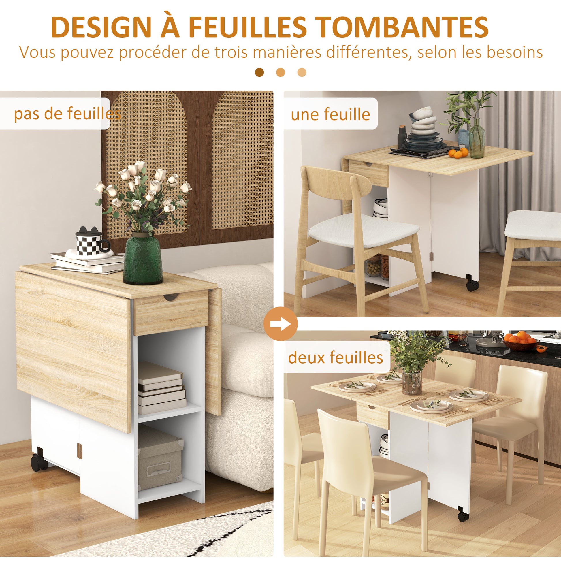 Folding Dining Table, Extendable Kitchen Table, for 2 to 4 People, with 2 Side Flaps, for Small Spaces, Rectangular, Modern Design, Oak