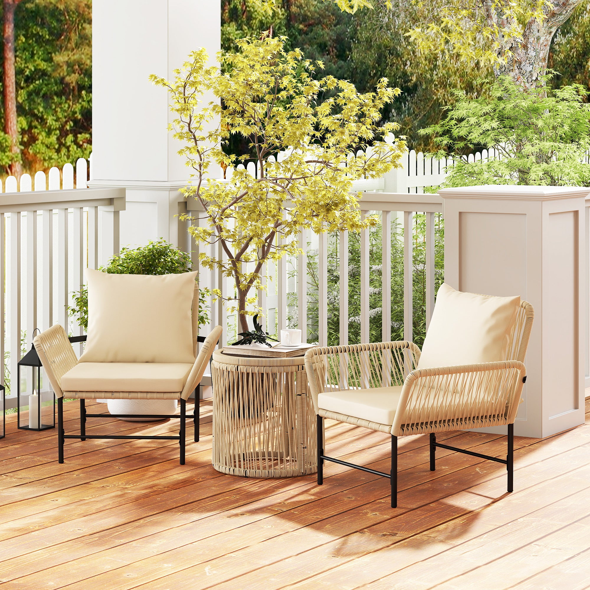 Poly Rattan Garden Furniture Set, Outdoor Lounge Balcony Furniture for 2 People, 3-Piece Seating Group with 2 Chairs, Side Table Seat Cushions, Weatherproof Garden Lounge for Garden, Balcony, Khaki+Beige