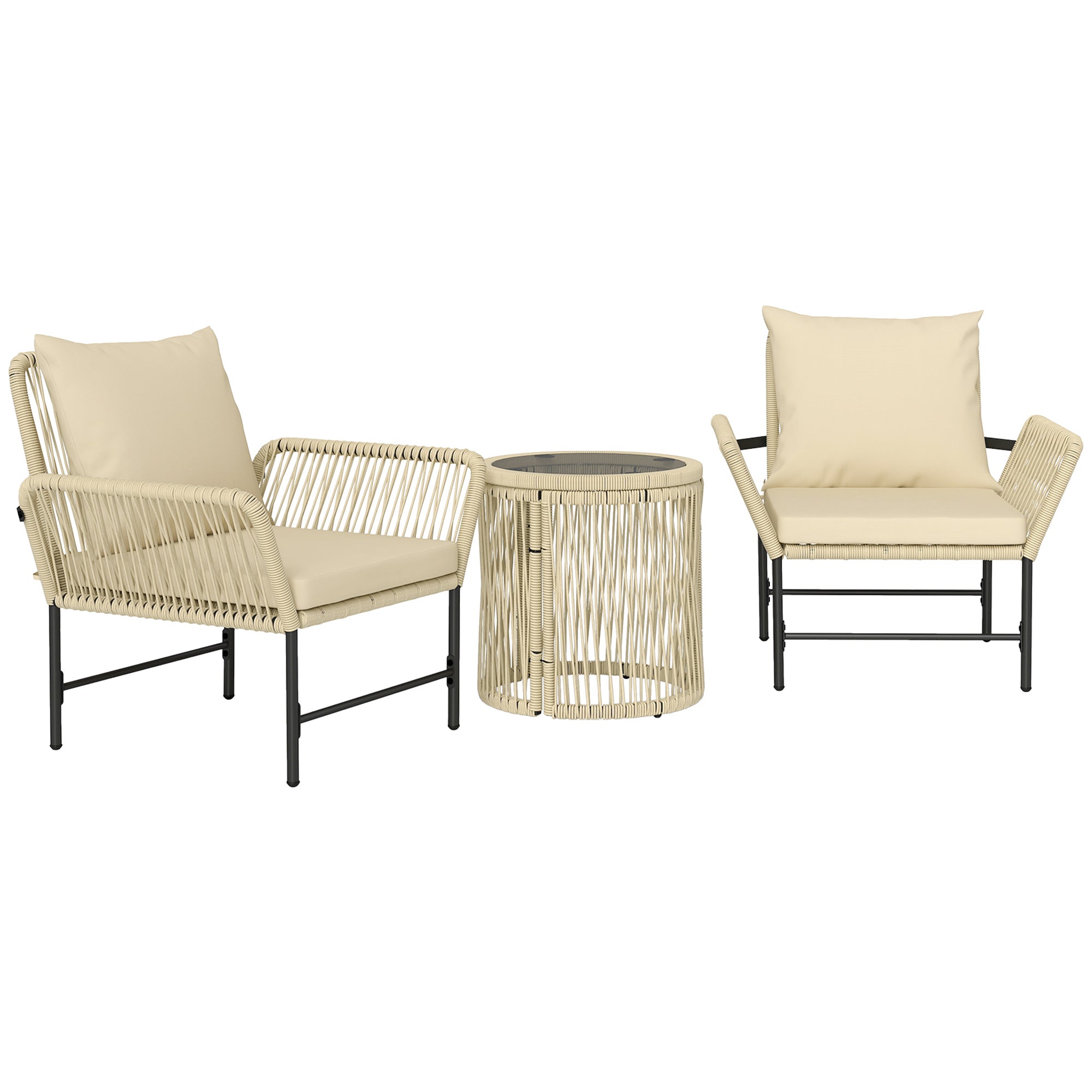 Poly Rattan Garden Furniture Set, Outdoor Lounge Balcony Furniture for 2 People, 3-Piece Seating Group with 2 Chairs, Side Table Seat Cushions, Weatherproof Garden Lounge for Garden, Balcony, Khaki+Beige