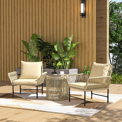 Poly Rattan Garden Furniture Set, Outdoor Lounge Balcony Furniture for 2 People, 3-Piece Seating Group with 2 Chairs, Side Table Seat Cushions, Weatherproof Garden Lounge for Garden, Balcony, Khaki+Beige