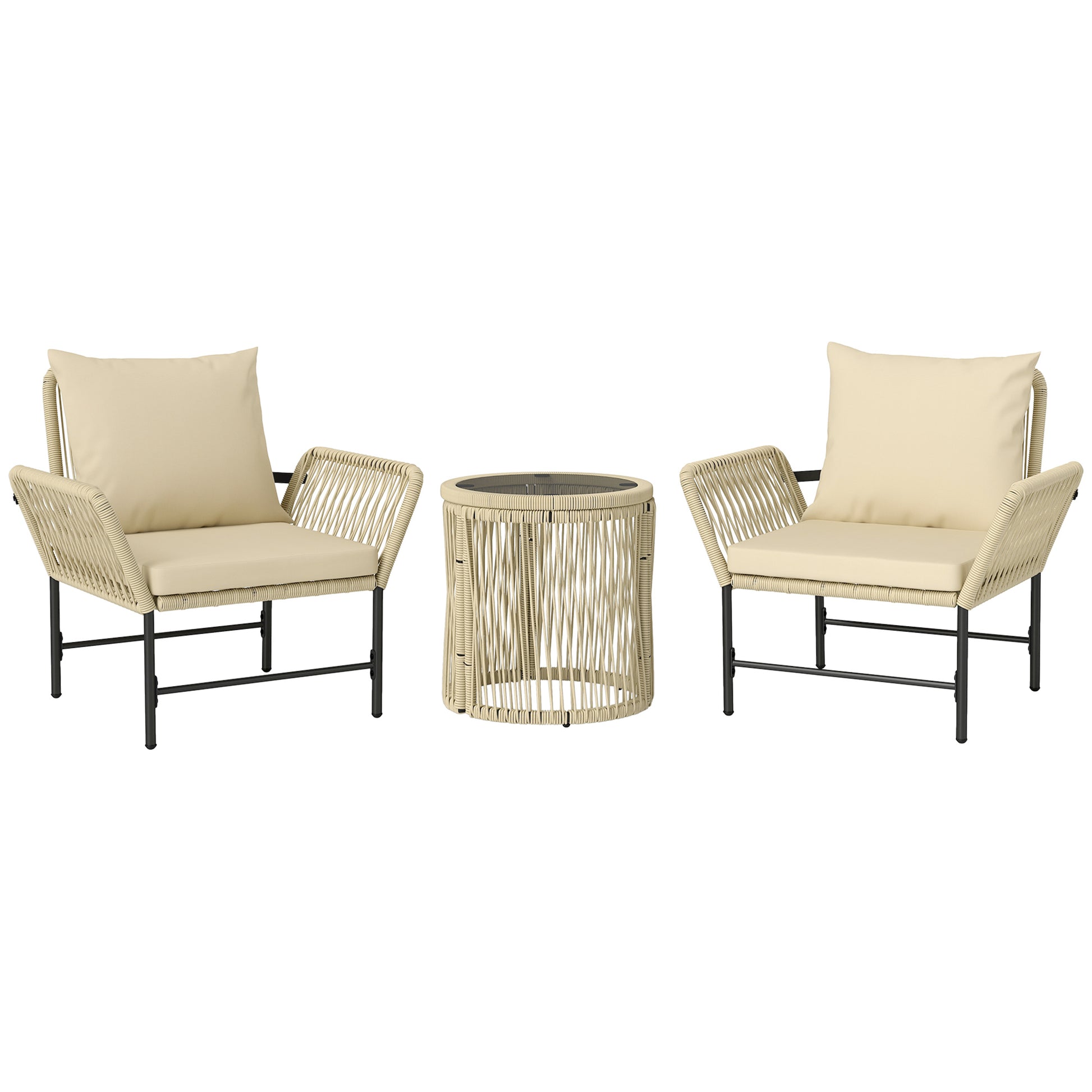 Poly Rattan Garden Furniture Set, Outdoor Lounge Balcony Furniture for 2 People, 3-Piece Seating Group with 2 Chairs, Side Table Seat Cushions, Weatherproof Garden Lounge for Garden, Balcony, Khaki+Beige