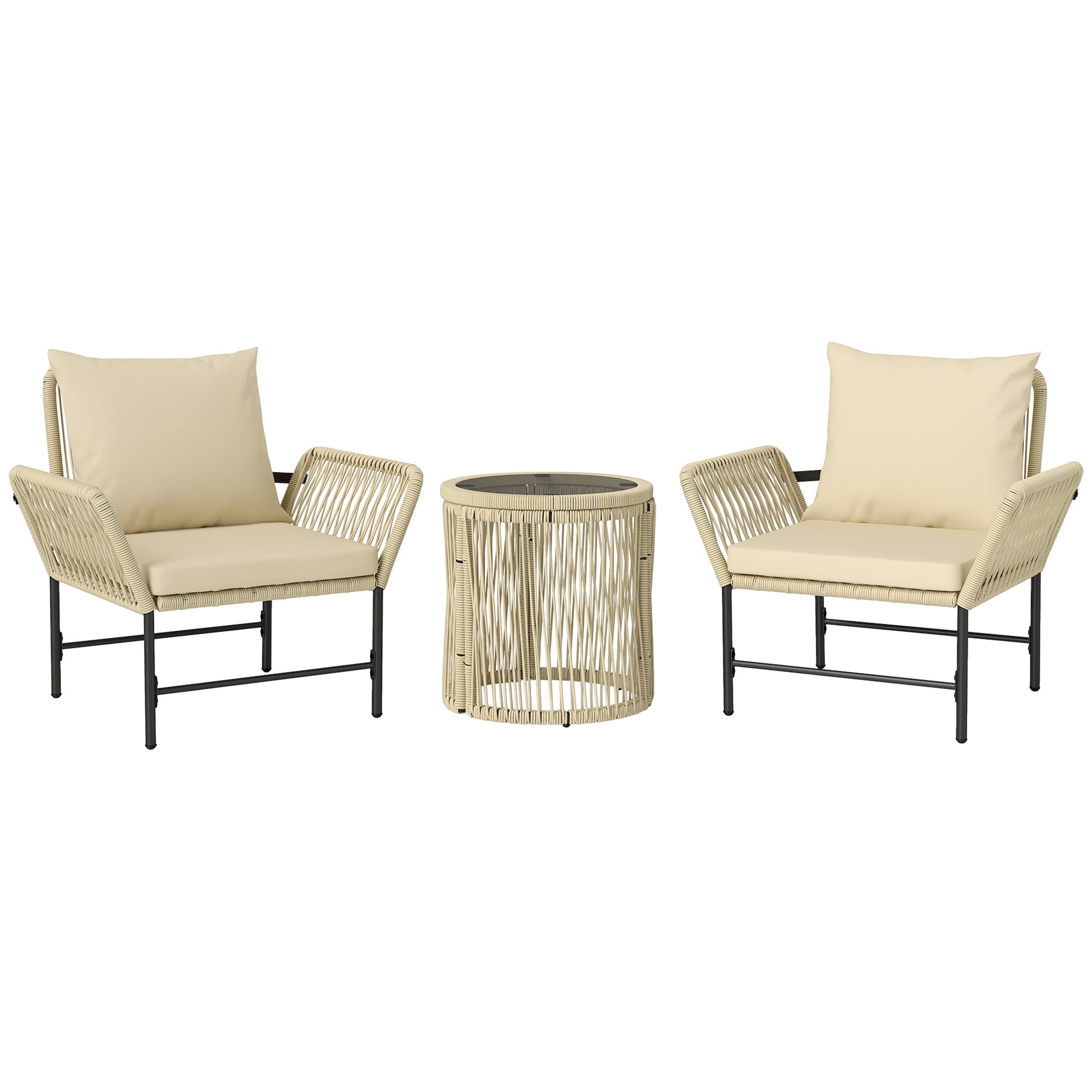 Poly Rattan Garden Furniture Set, Outdoor Lounge Balcony Furniture for 2 People, 3-Piece Seating Group with 2 Chairs, Side Table Seat Cushions, Weatherproof Garden Lounge for Garden, Balcony, Khaki+Beige
