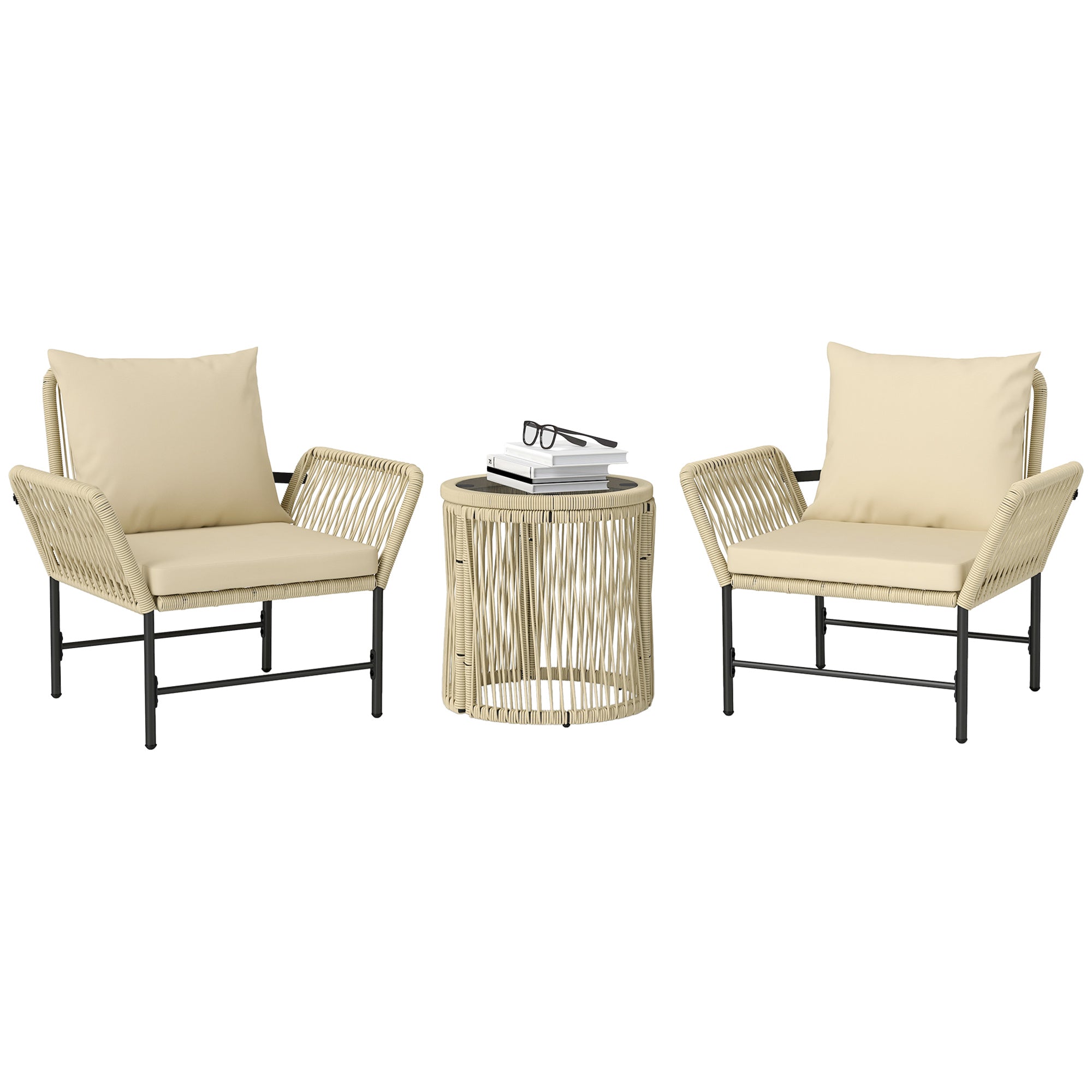 Poly Rattan Garden Furniture Set, Outdoor Lounge Balcony Furniture for 2 People, 3-Piece Seating Group with 2 Chairs, Side Table Seat Cushions, Weatherproof Garden Lounge for Garden, Balcony, Khaki+Beige