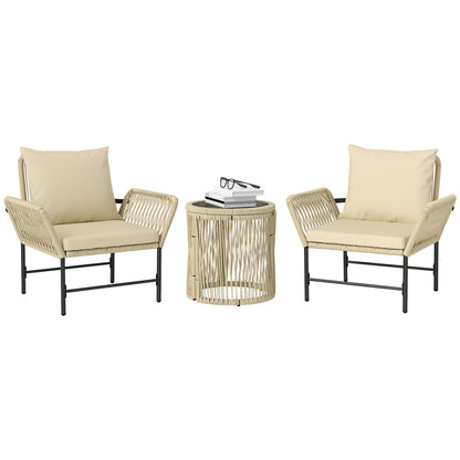 Poly Rattan Garden Furniture Set, Outdoor Lounge Balcony Furniture for 2 People, 3-Piece Seating Group with 2 Chairs, Side Table Seat Cushions, Weatherproof Garden Lounge for Garden, Balcony, Khaki+Beige