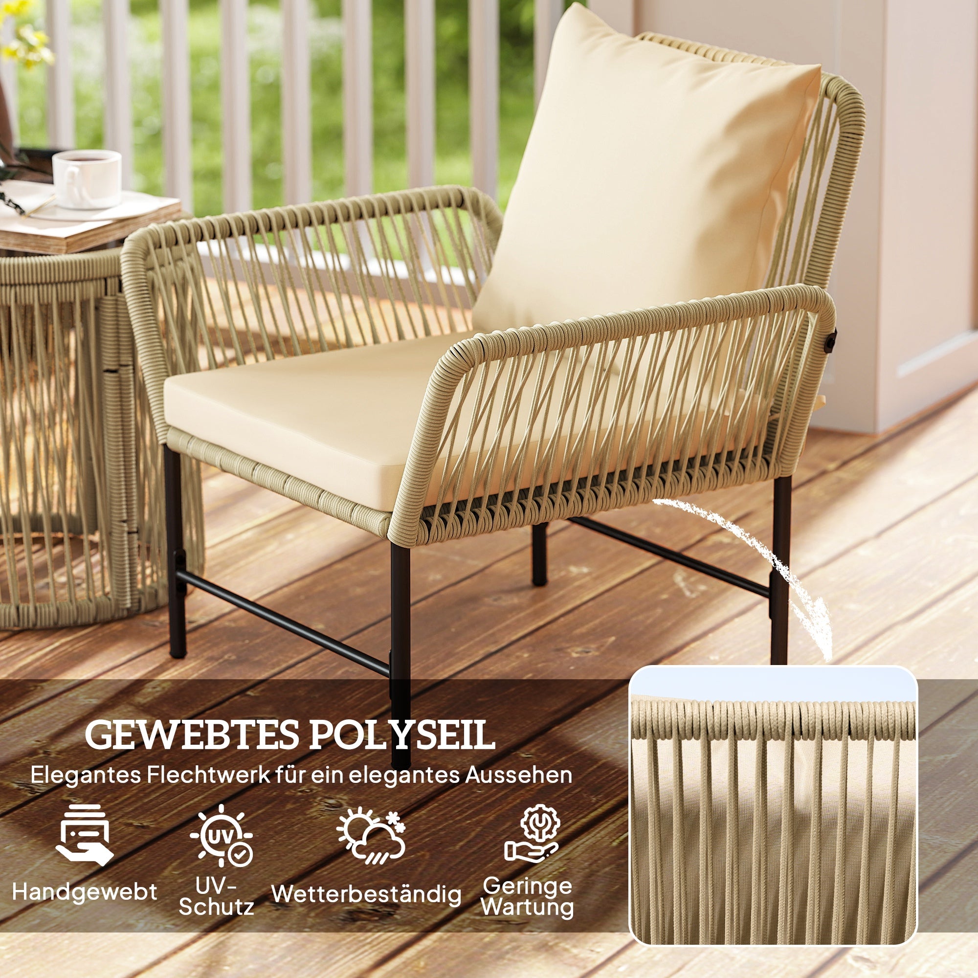Poly Rattan Garden Furniture Set, Outdoor Lounge Balcony Furniture for 2 People, 3-Piece Seating Group with 2 Chairs, Side Table Seat Cushions, Weatherproof Garden Lounge for Garden, Balcony, Khaki+Beige