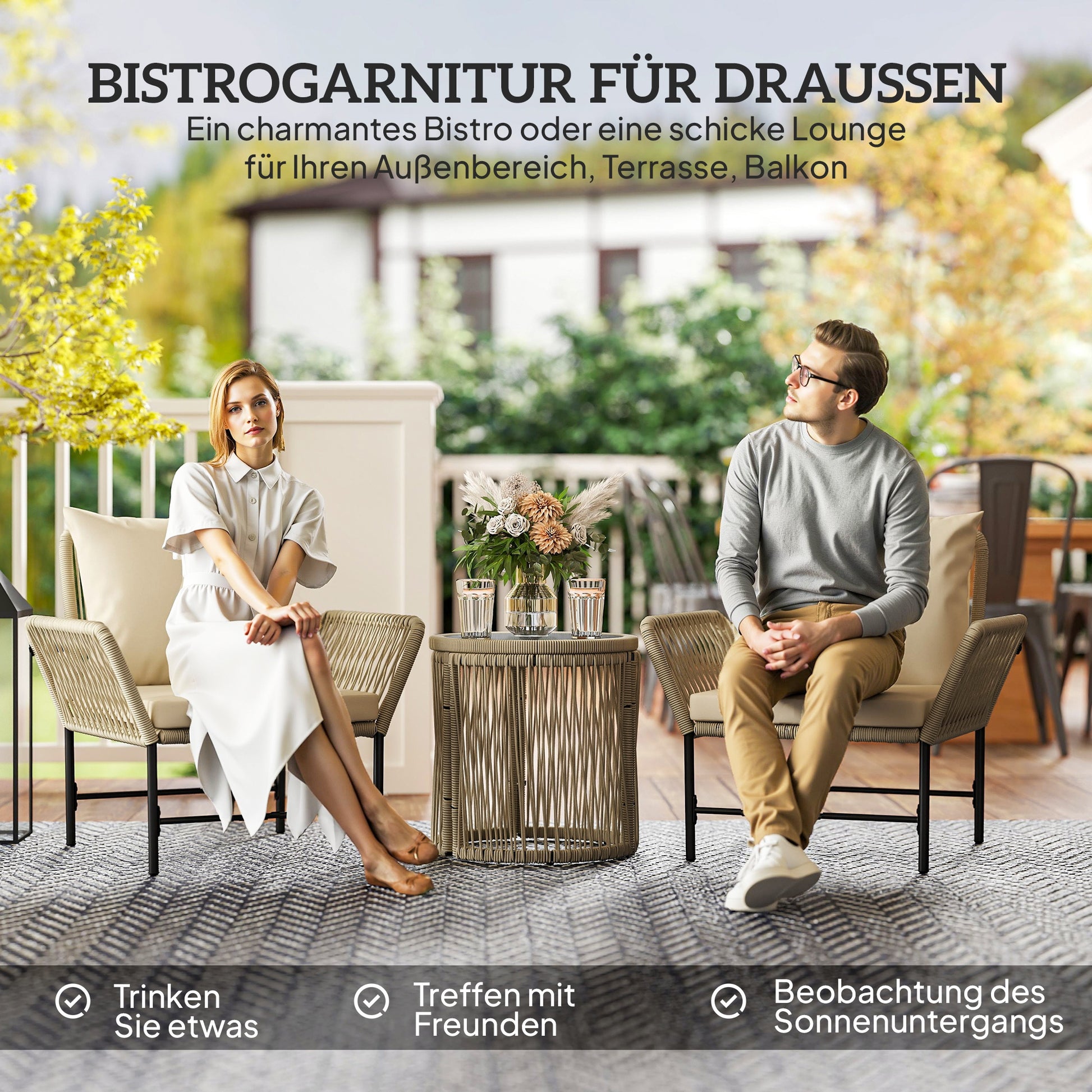 Poly Rattan Garden Furniture Set, Outdoor Lounge Balcony Furniture for 2 People, 3-Piece Seating Group with 2 Chairs, Side Table Seat Cushions, Weatherproof Garden Lounge for Garden, Balcony, Khaki+Beige