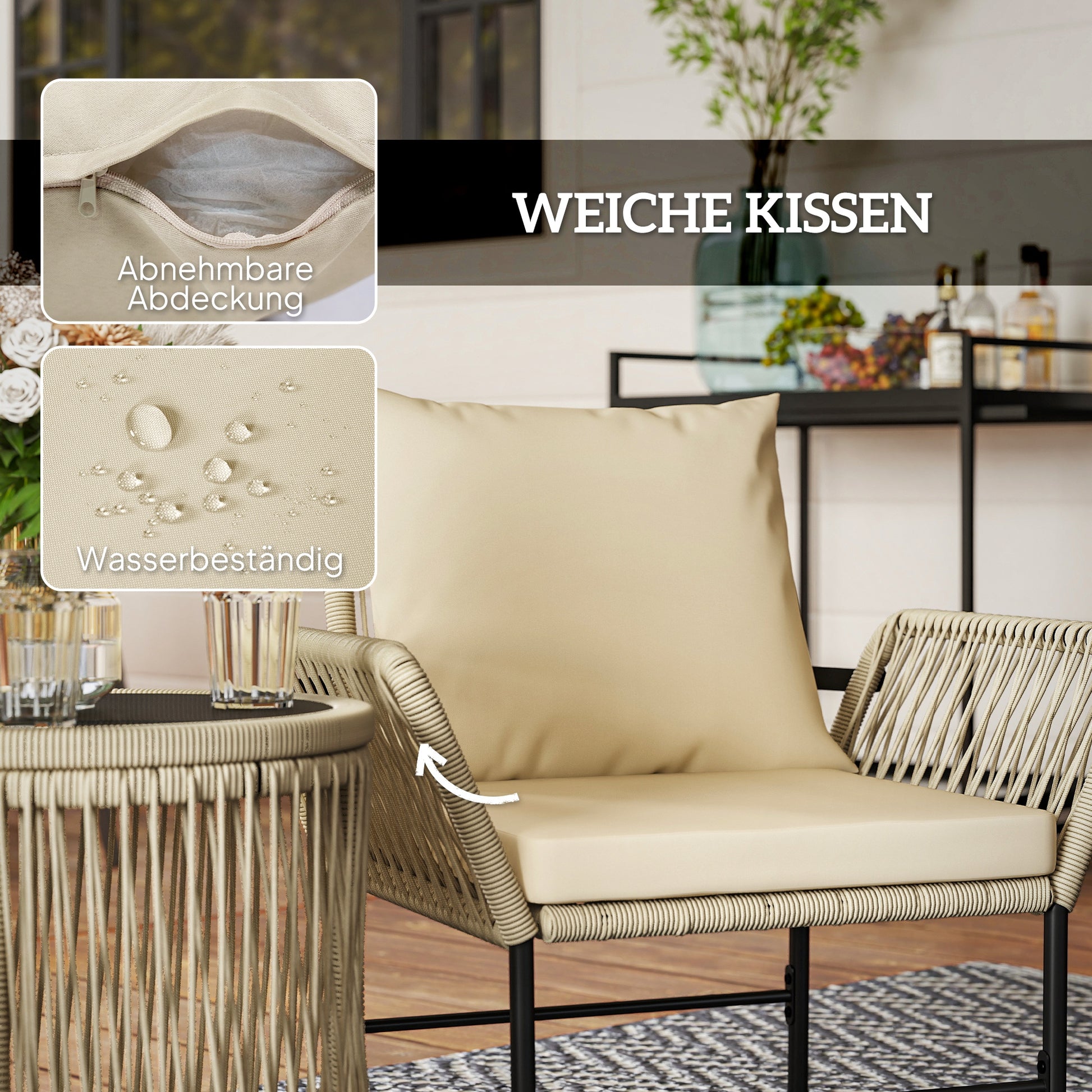 Poly Rattan Garden Furniture Set, Outdoor Lounge Balcony Furniture for 2 People, 3-Piece Seating Group with 2 Chairs, Side Table Seat Cushions, Weatherproof Garden Lounge for Garden, Balcony, Khaki+Beige