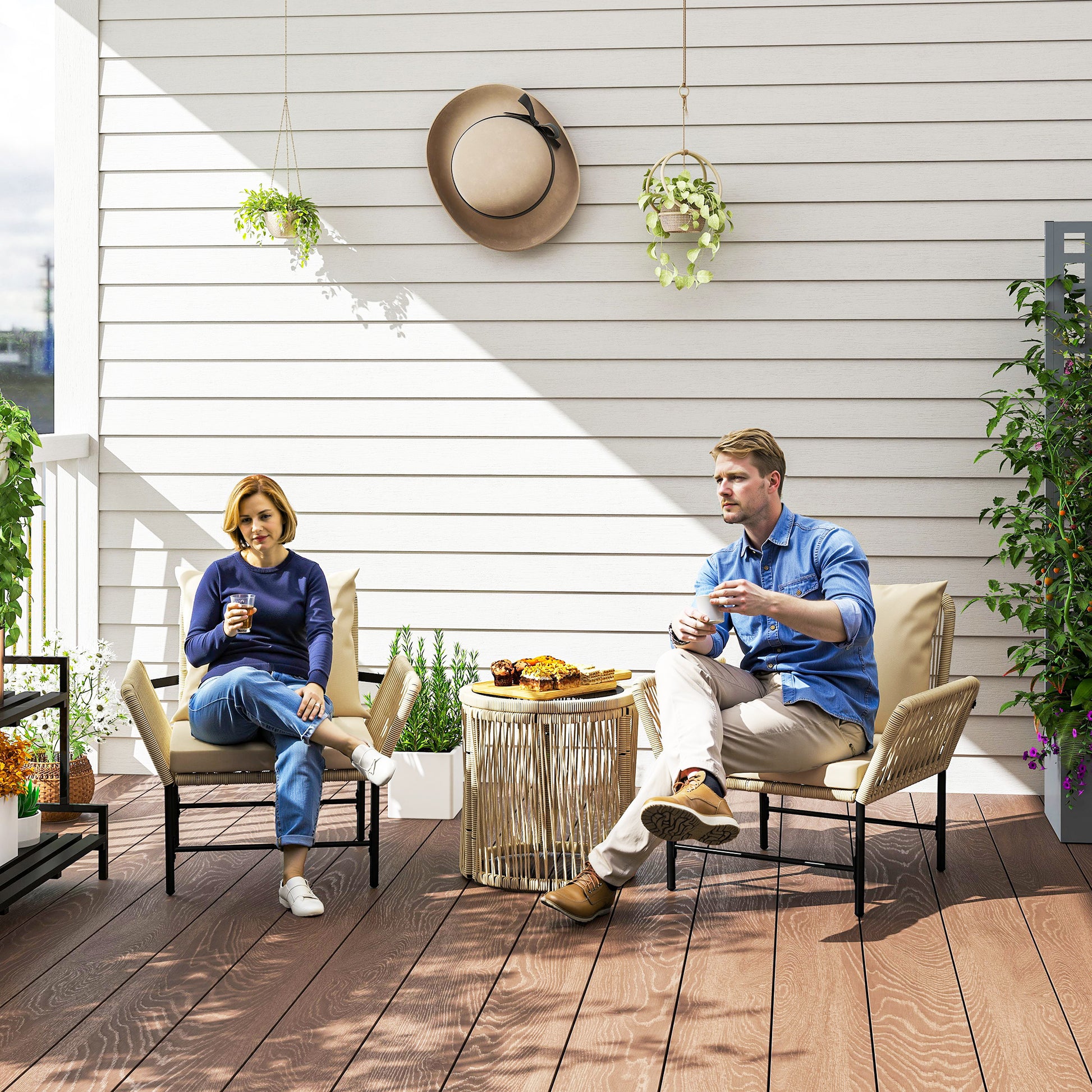 Poly Rattan Garden Furniture Set, Outdoor Lounge Balcony Furniture for 2 People, 3-Piece Seating Group with 2 Chairs, Side Table Seat Cushions, Weatherproof Garden Lounge for Garden, Balcony, Khaki+Beige