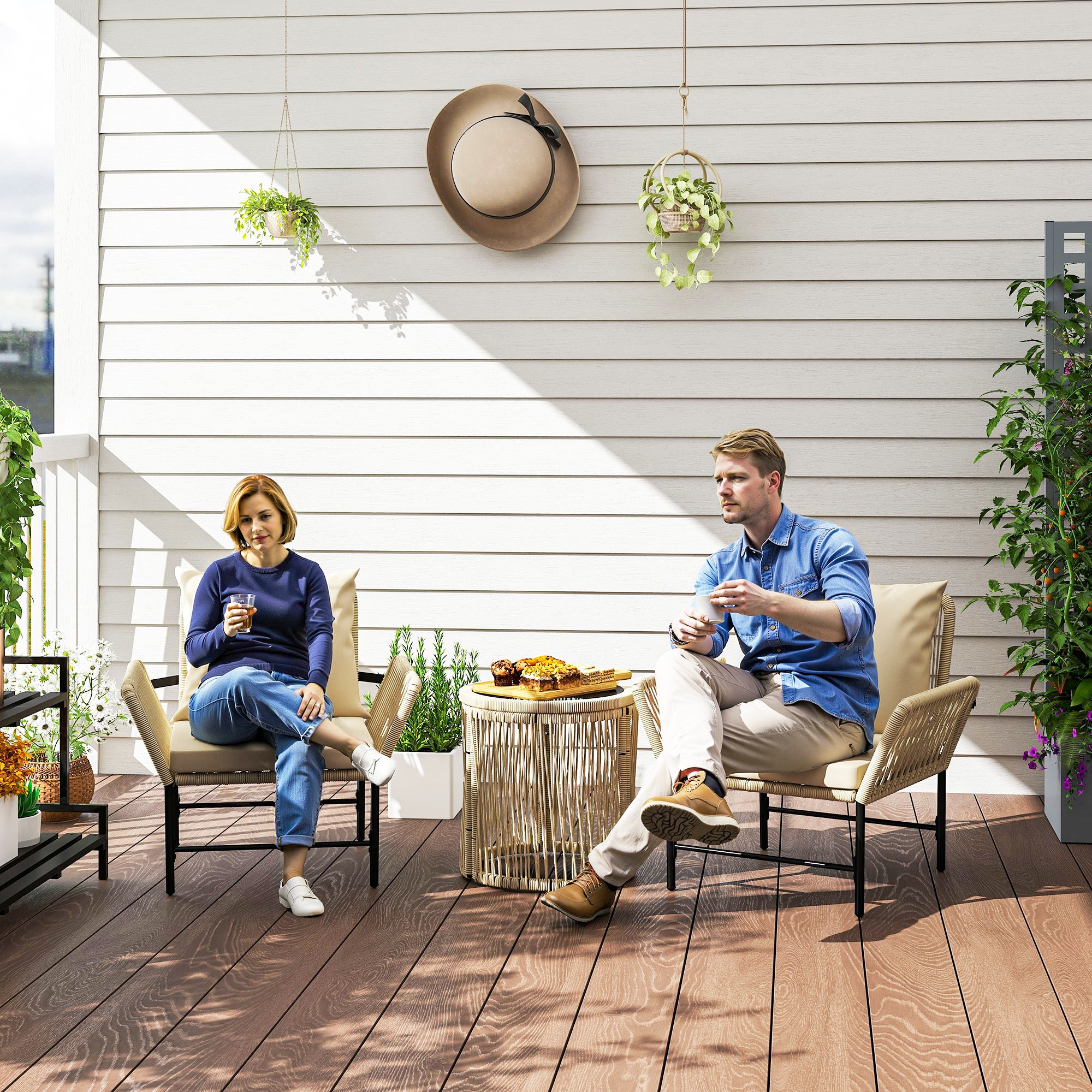 Poly Rattan Garden Furniture Set, Outdoor Lounge Balcony Furniture for 2 People, 3-Piece Seating Group with 2 Chairs, Side Table Seat Cushions, Weatherproof Garden Lounge for Garden, Balcony, Khaki+Beige