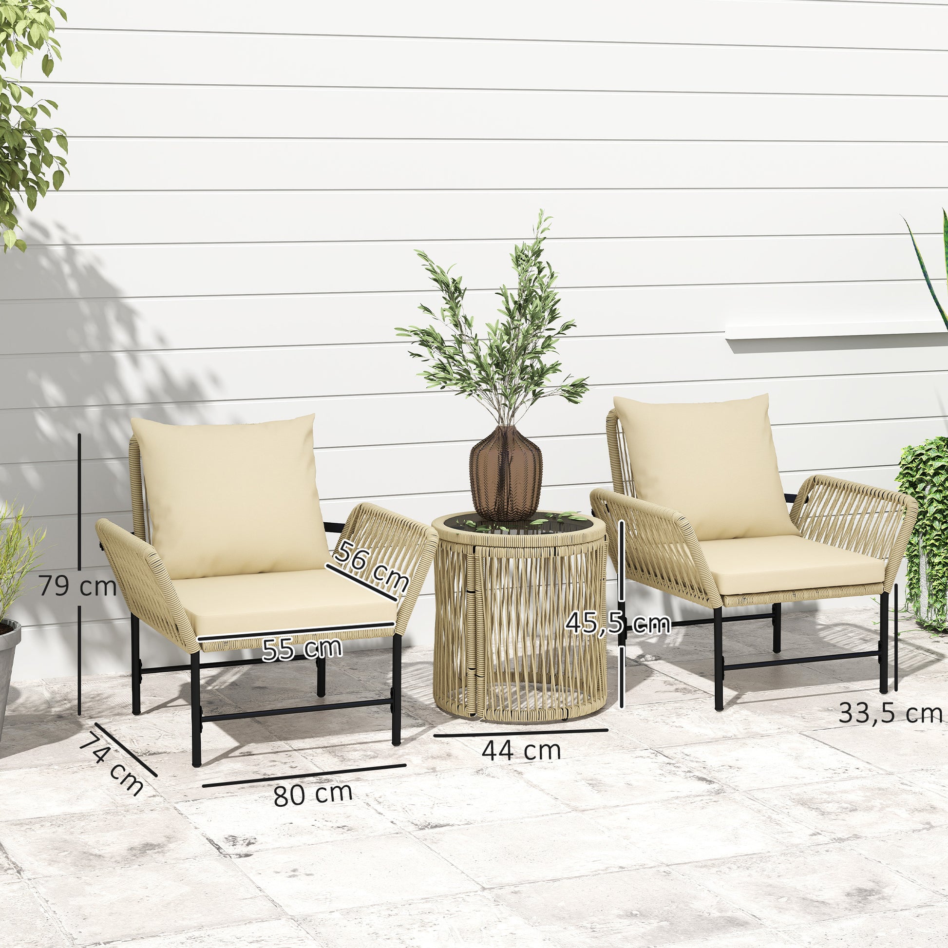 Poly Rattan Garden Furniture Set, Outdoor Lounge Balcony Furniture for 2 People, 3-Piece Seating Group with 2 Chairs, Side Table Seat Cushions, Weatherproof Garden Lounge for Garden, Balcony, Khaki+Beige