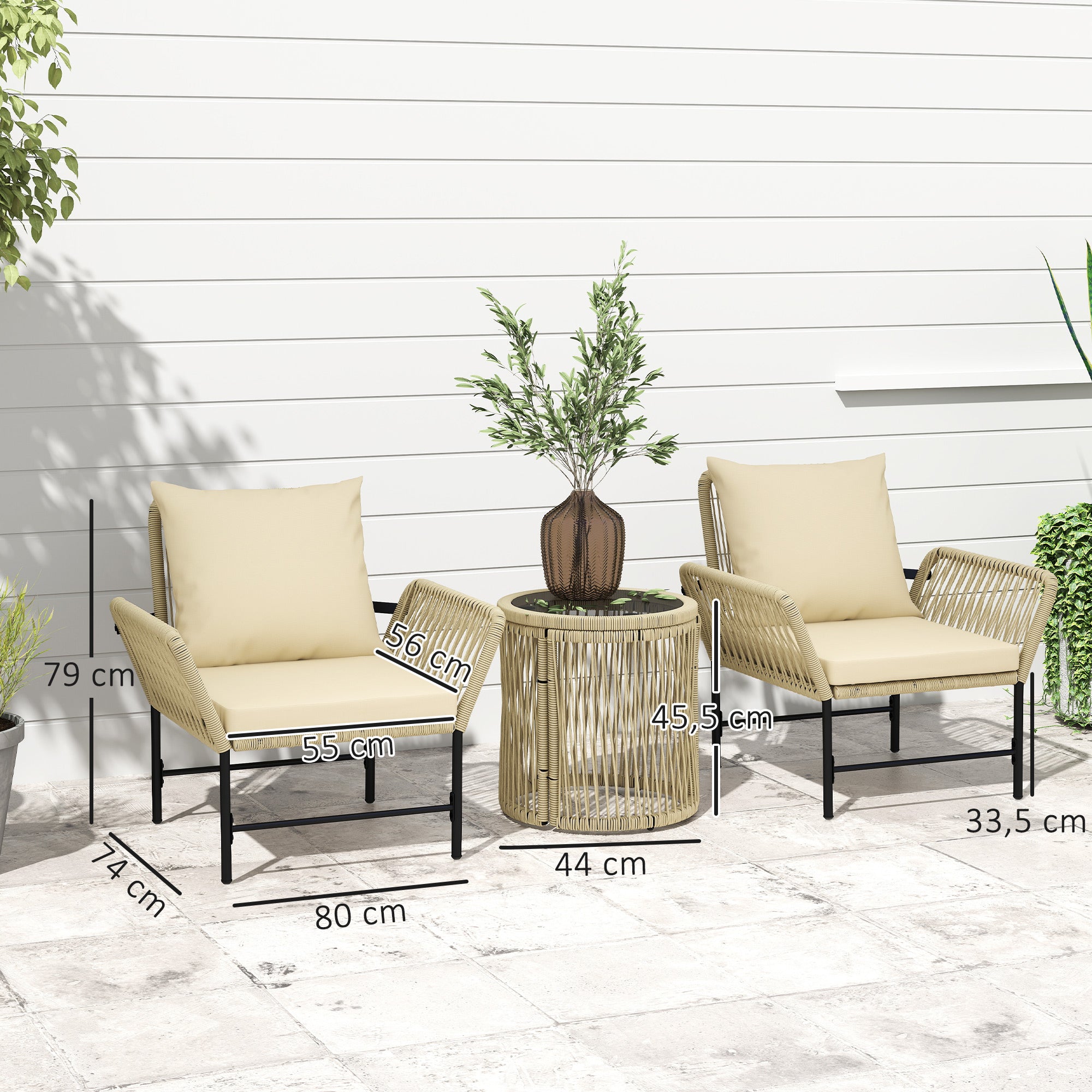 Poly Rattan Garden Furniture Set, Outdoor Lounge Balcony Furniture for 2 People, 3-Piece Seating Group with 2 Chairs, Side Table Seat Cushions, Weatherproof Garden Lounge for Garden, Balcony, Khaki+Beige