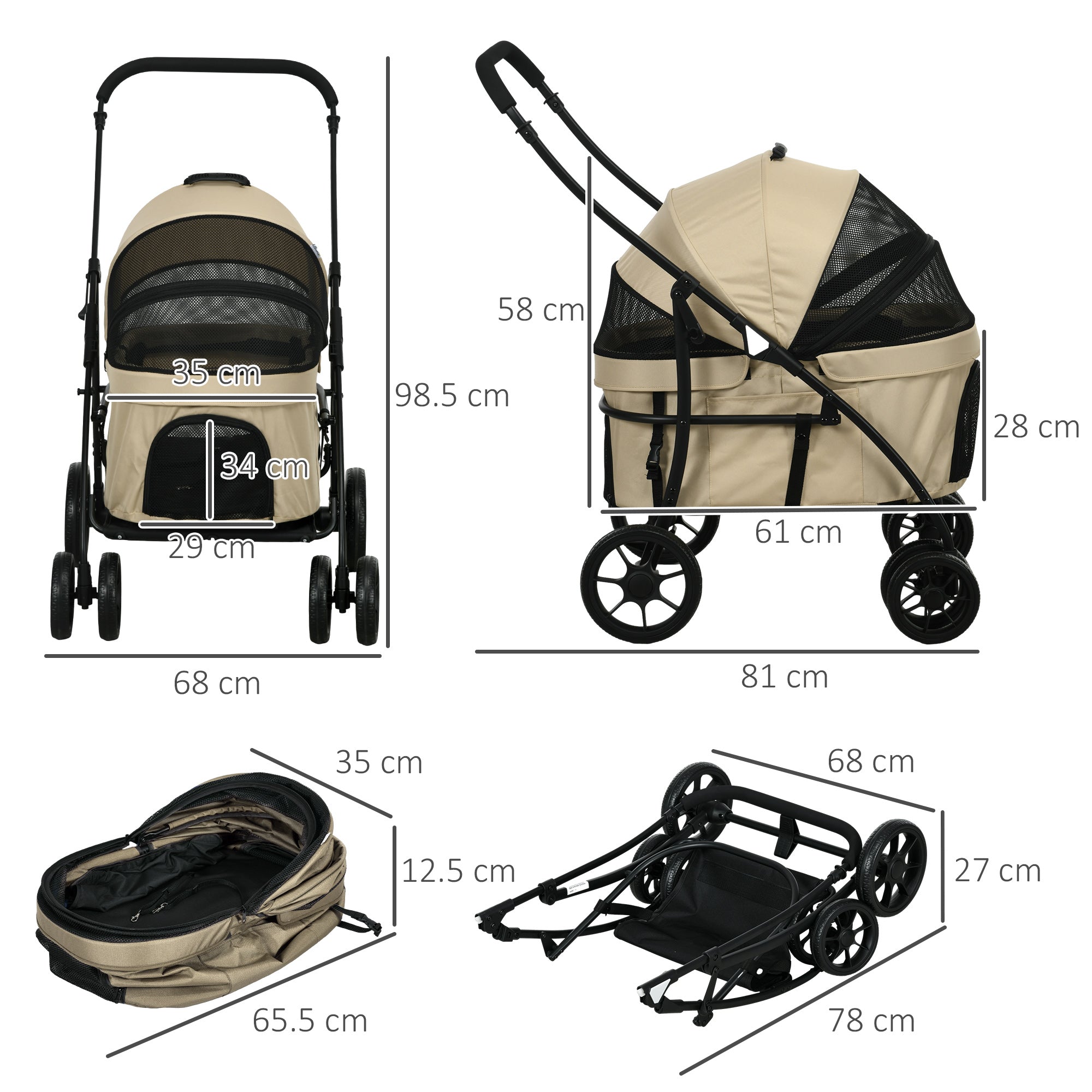 2-in-1 Foldable Dog and Cat Stroller with Removable Bassinet, Cushion, Safety Leash, Up to 10 kg, Steel 81 x 68 x 98.5 cm, Khaki