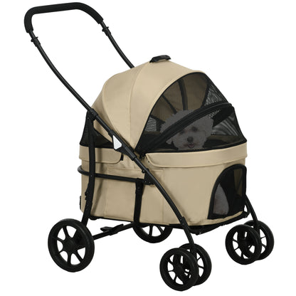 2-in-1 Foldable Dog and Cat Stroller with Removable Bassinet, Cushion, Safety Leash, Up to 10 kg, Steel 81 x 68 x 98.5 cm, Khaki