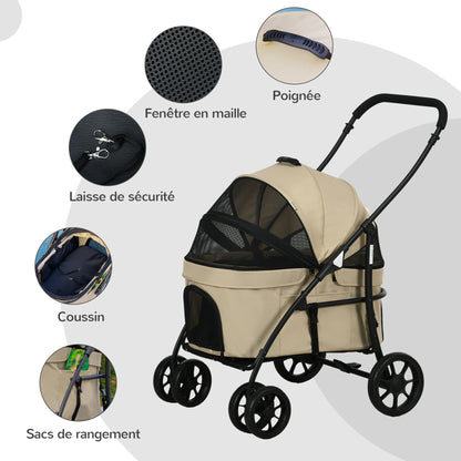 2-in-1 Foldable Dog and Cat Stroller with Removable Bassinet, Cushion, Safety Leash, Up to 10 kg, Steel 81 x 68 x 98.5 cm, Khaki