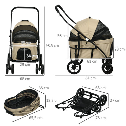 2-in-1 Foldable Dog and Cat Stroller with Removable Bassinet, Cushion, Safety Leash, Up to 10 kg, Steel 81 x 68 x 98.5 cm, Khaki