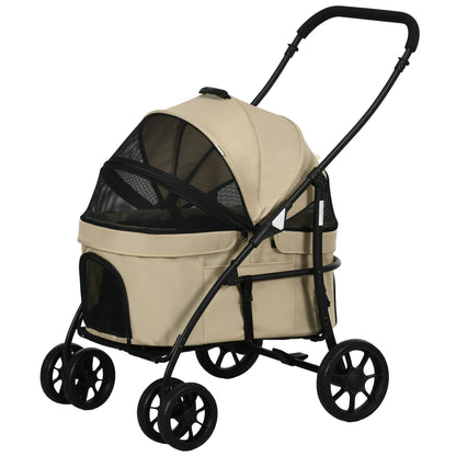 2-in-1 Foldable Dog and Cat Stroller with Removable Bassinet, Cushion, Safety Leash, Up to 10 kg, Steel 81 x 68 x 98.5 cm, Khaki