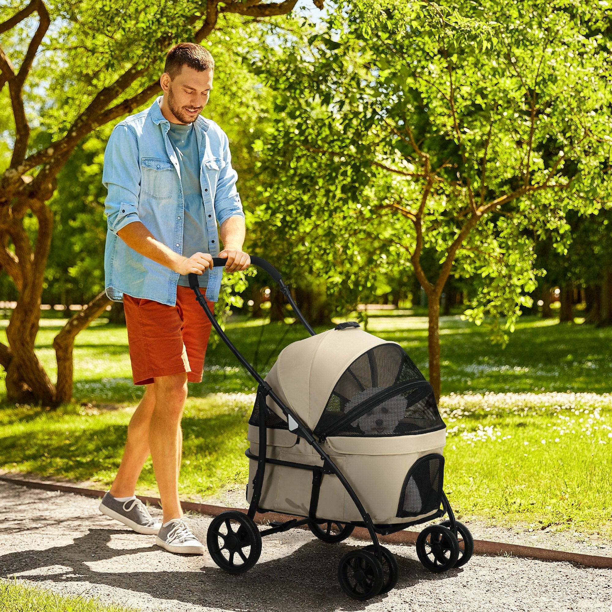 2-in-1 Foldable Dog and Cat Stroller with Removable Bassinet, Cushion, Safety Leash, Up to 10 kg, Steel 81 x 68 x 98.5 cm, Khaki