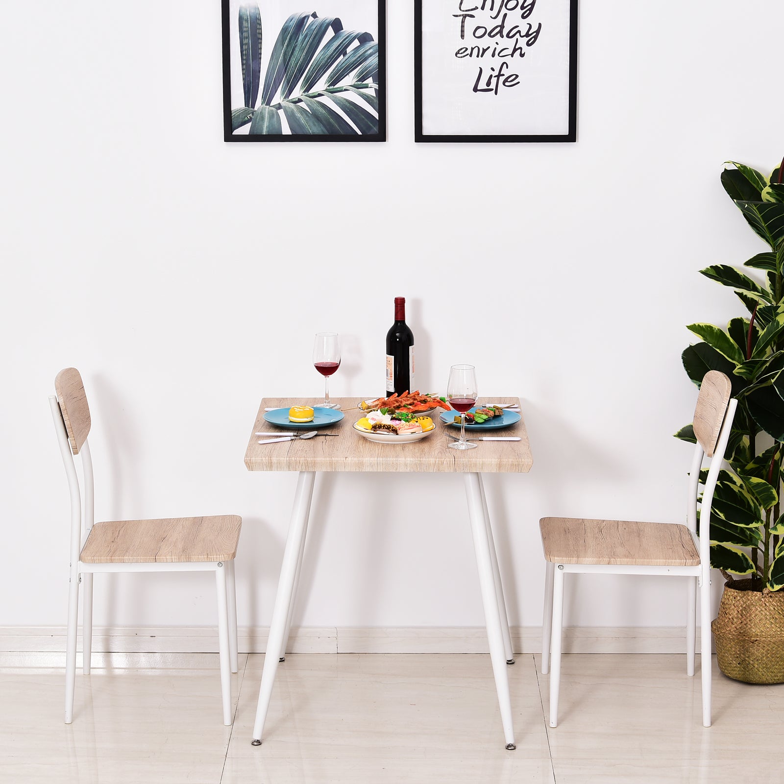 3-Piece Dining Set Dining Table with 2 Chairs Dining Group with Metal Frame Seating for Dining Room, Kitchen Natural + White