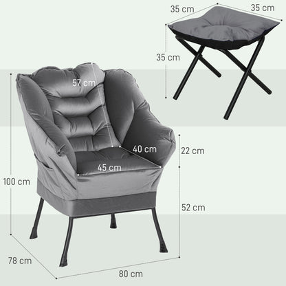 Armchair Set with Footrest for Living Room, Armchair with Backrest, Armrests, and 2 Side Pockets in Velvet Effect Fabric, PP Cotton, and Steel, 80x78x100 cm, Gray