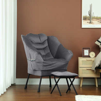 Armchair Set with Footrest for Living Room, Armchair with Backrest, Armrests, and 2 Side Pockets in Velvet Effect Fabric, PP Cotton, and Steel, 80x78x100 cm, Gray