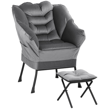 Armchair Set with Footrest for Living Room, Armchair with Backrest, Armrests, and 2 Side Pockets in Velvet Effect Fabric, PP Cotton, and Steel, 80x78x100 cm, Gray