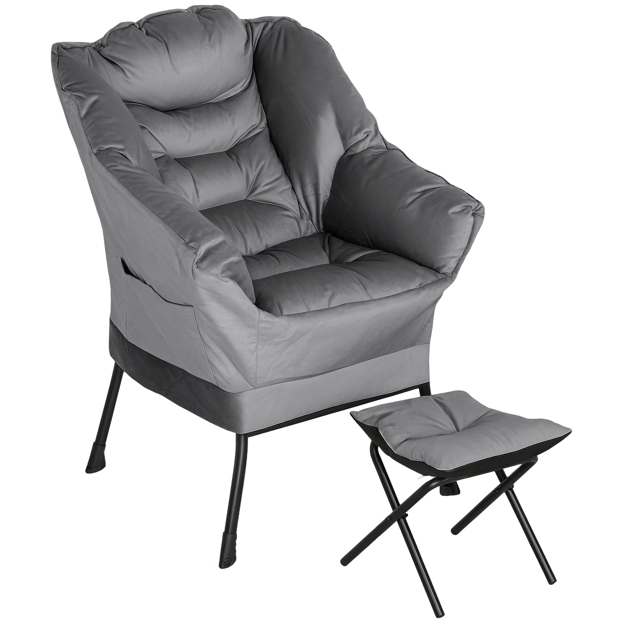 Armchair Set with Footrest for Living Room, Armchair with Backrest, Armrests, and 2 Side Pockets in Velvet Effect Fabric, PP Cotton, and Steel, 80x78x100 cm, Gray
