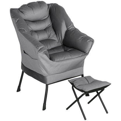 Armchair Set with Footrest for Living Room, Armchair with Backrest, Armrests, and 2 Side Pockets in Velvet Effect Fabric, PP Cotton, and Steel, 80x78x100 cm, Gray