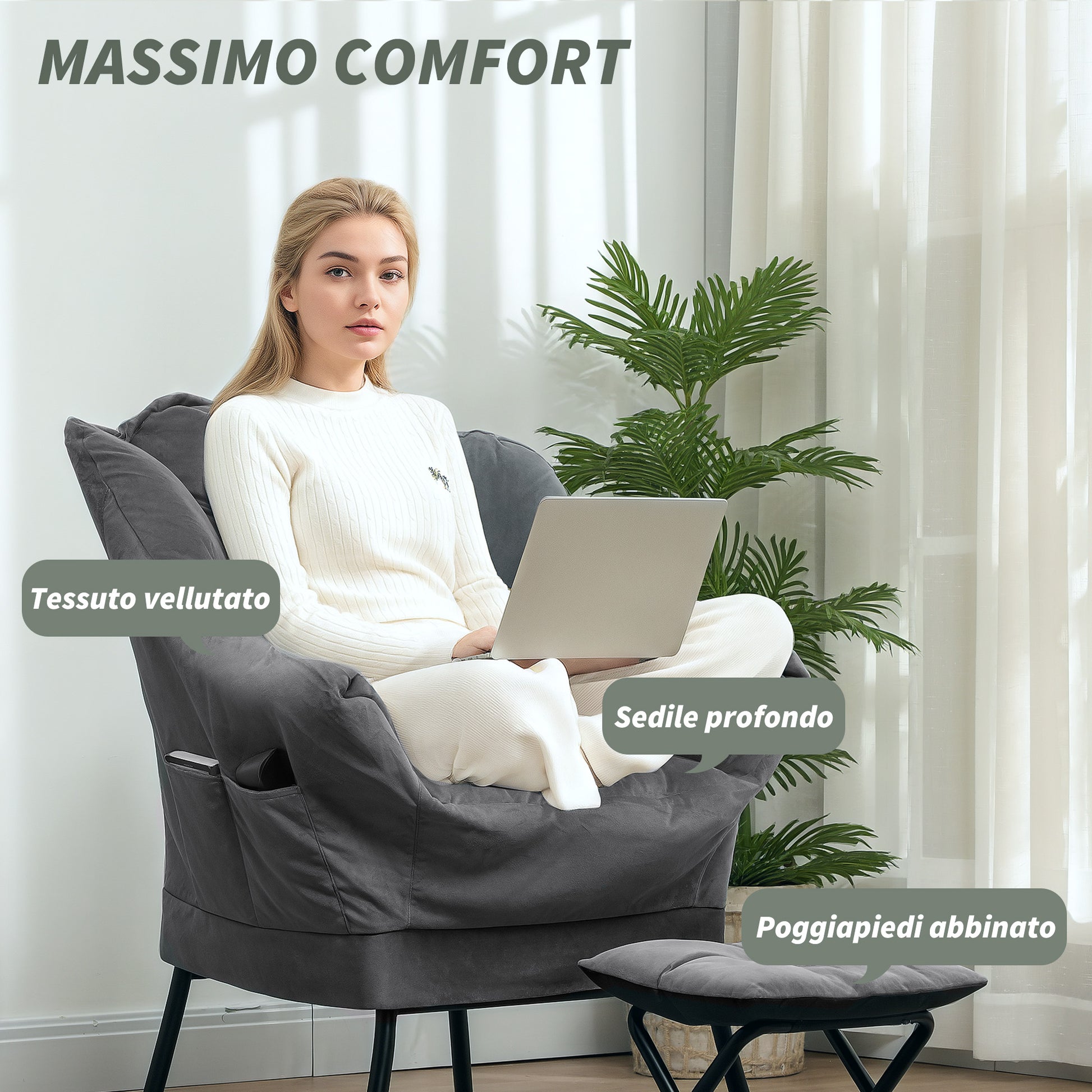 Armchair Set with Footrest for Living Room, Armchair with Backrest, Armrests, and 2 Side Pockets in Velvet Effect Fabric, PP Cotton, and Steel, 80x78x100 cm, Gray