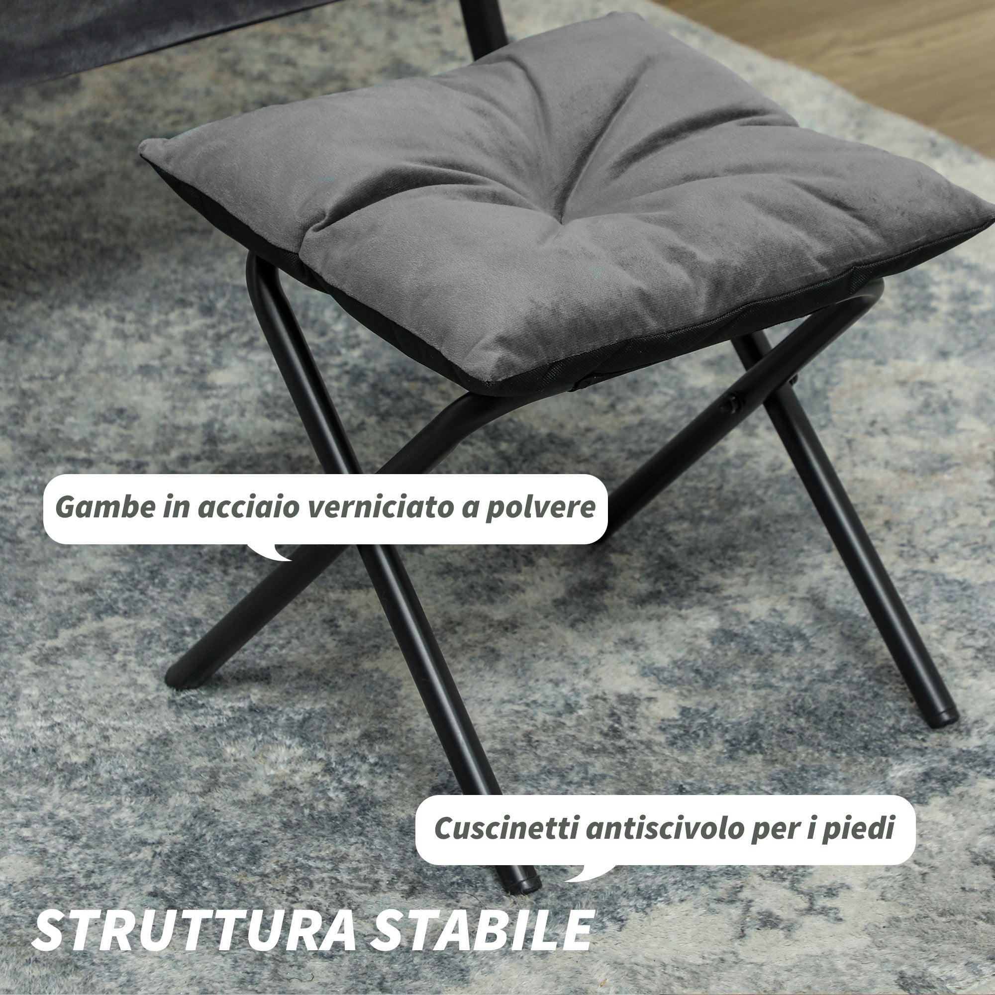 Armchair Set with Footrest for Living Room, Armchair with Backrest, Armrests, and 2 Side Pockets in Velvet Effect Fabric, PP Cotton, and Steel, 80x78x100 cm, Gray