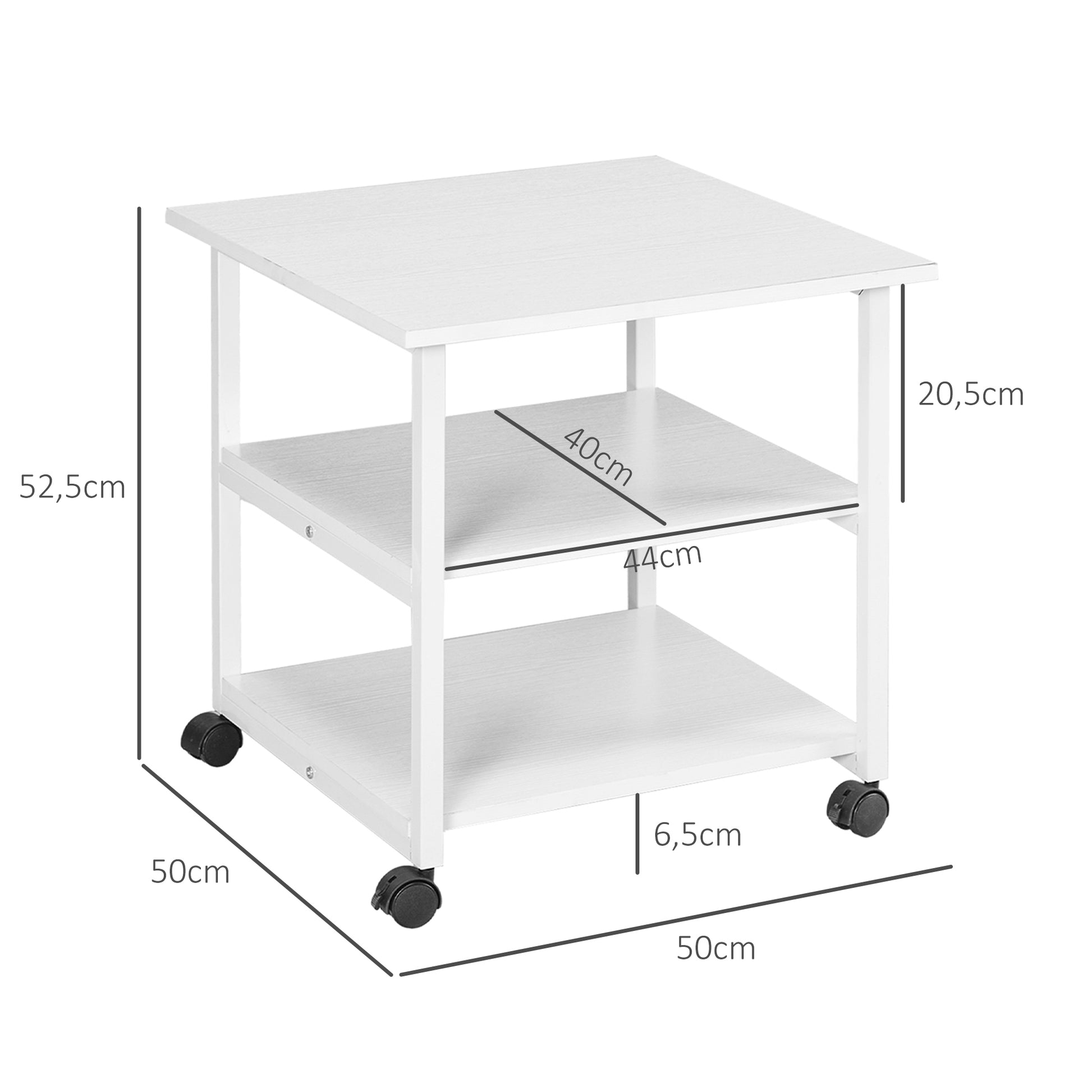 Printer Stand Storage Cart 3-Tier Shelves Mobile on Wheels 50 x 50 x 52.5 cm White