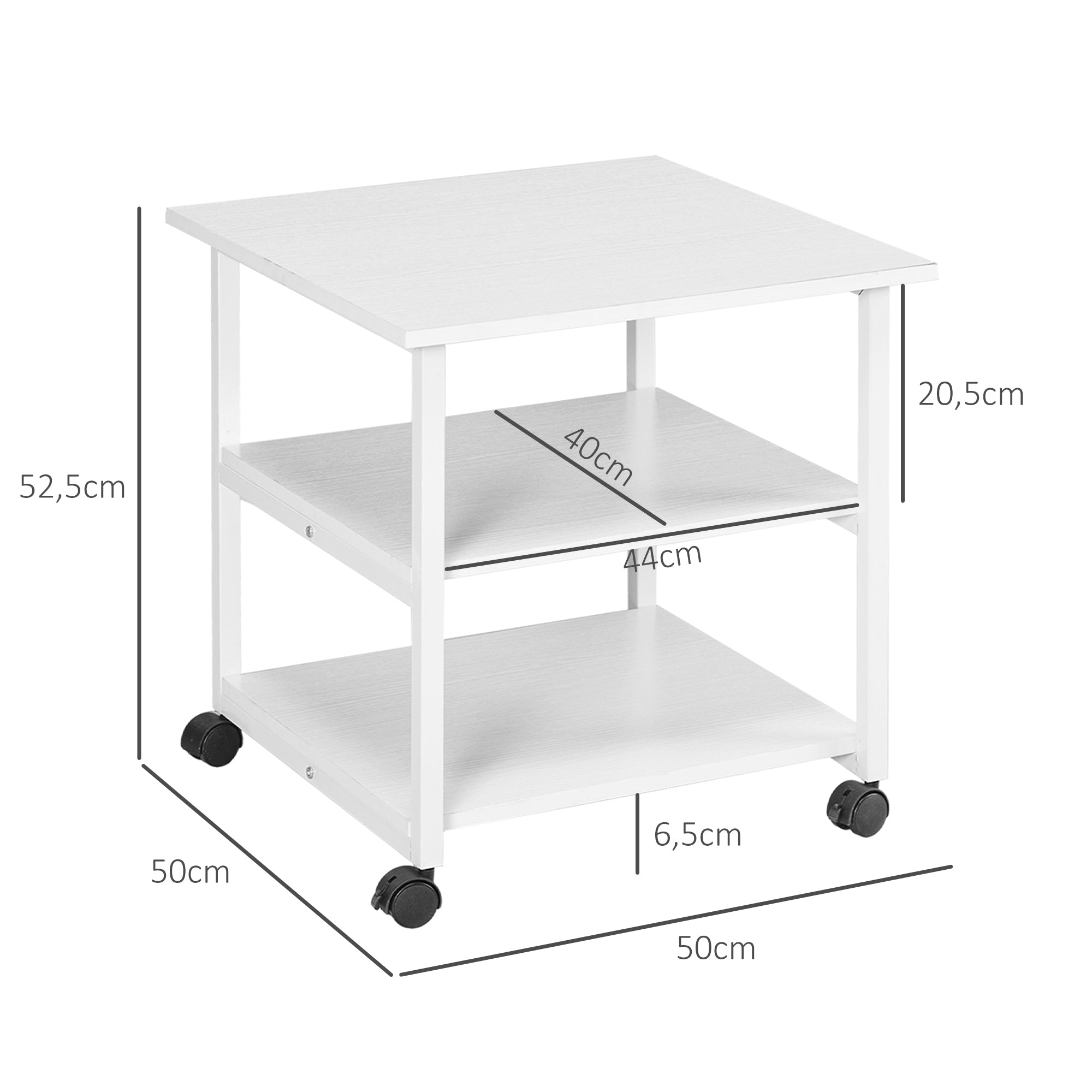 Printer Stand Storage Cart 3-Tier Shelves Mobile on Wheels 50 x 50 x 52.5 cm White
