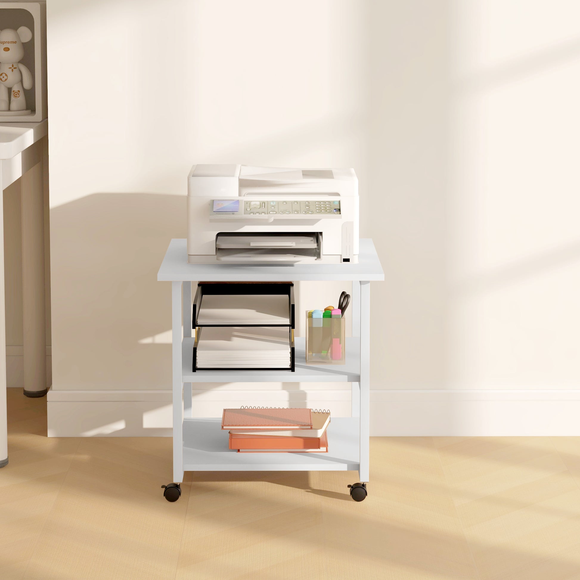 Printer Stand Storage Cart 3-Tier Shelves Mobile on Wheels 50 x 50 x 52.5 cm White