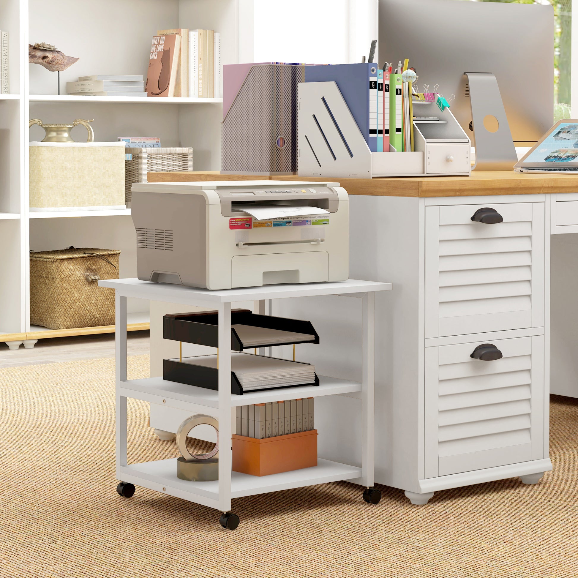 Printer Stand Storage Cart 3-Tier Shelves Mobile on Wheels 50 x 50 x 52.5 cm White