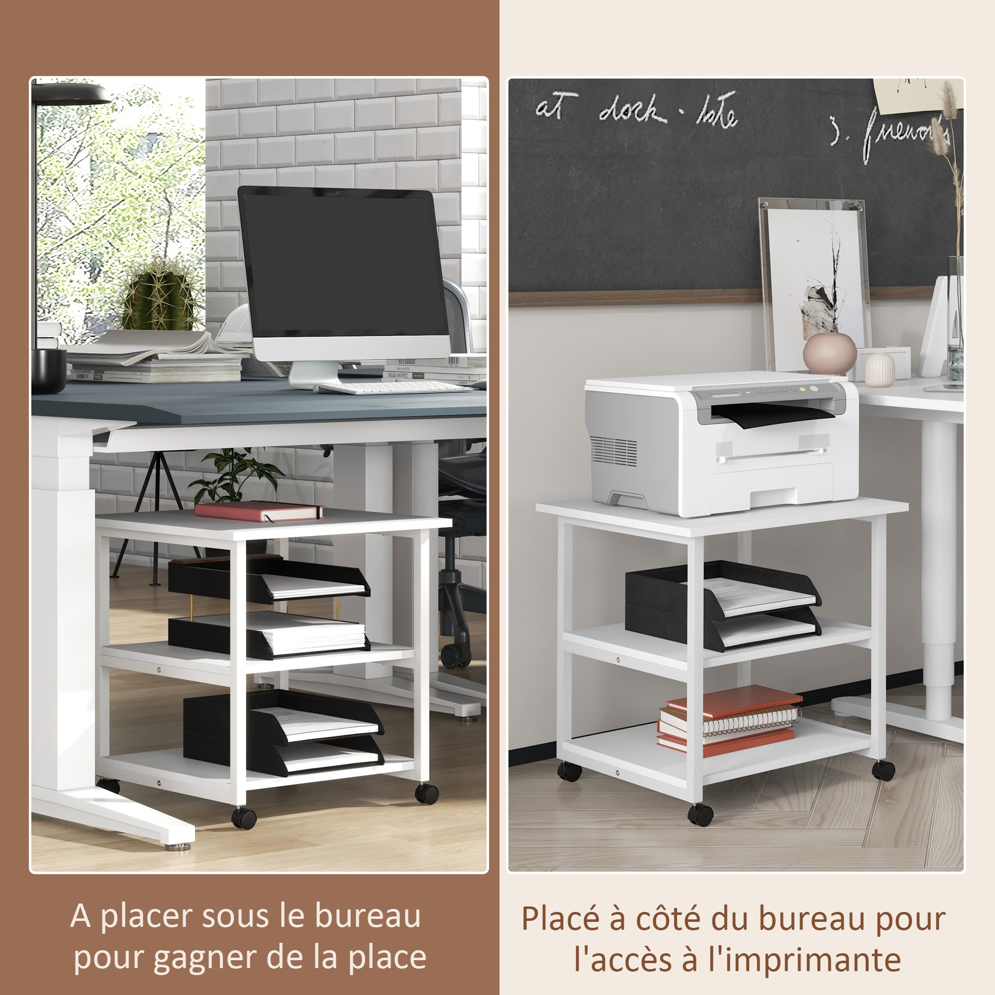 Printer Stand Storage Cart 3-Tier Shelves Mobile on Wheels 50 x 50 x 52.5 cm White