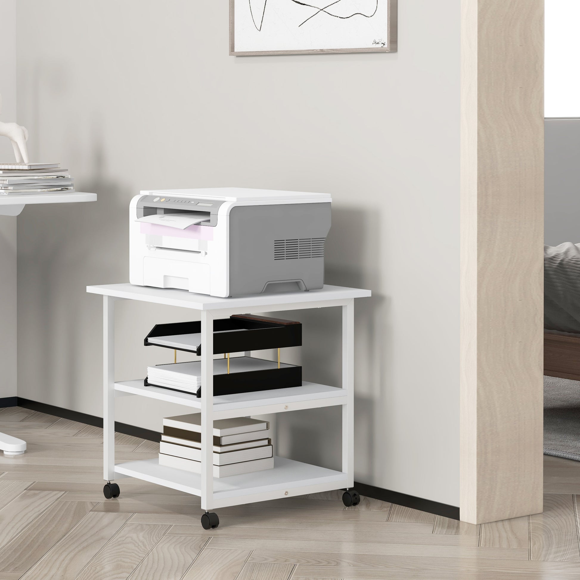 Printer Stand Storage Cart 3-Tier Shelves Mobile on Wheels 50 x 50 x 52.5 cm White