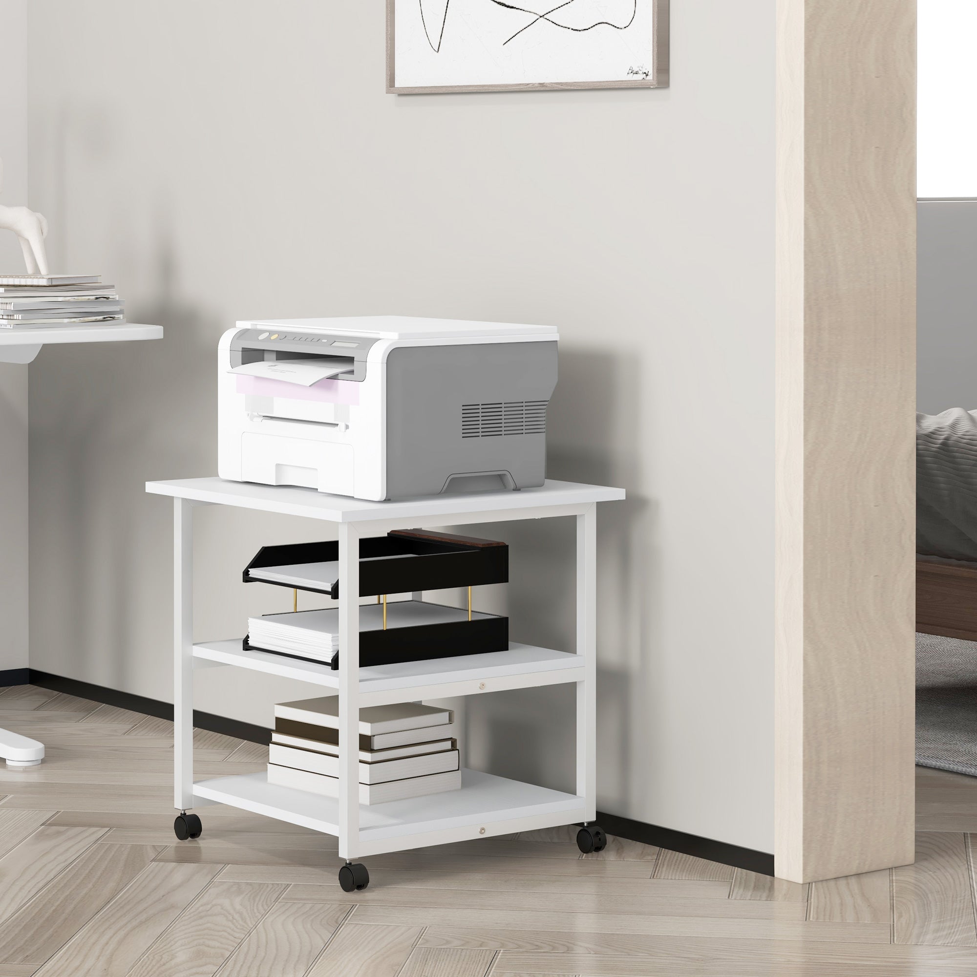 Printer Stand Storage Cart 3-Tier Shelves Mobile on Wheels 50 x 50 x 52.5 cm White