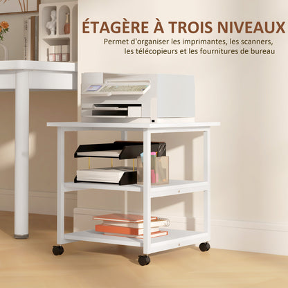 Printer Stand Storage Cart 3-Tier Shelves Mobile on Wheels 50 x 50 x 52.5 cm White