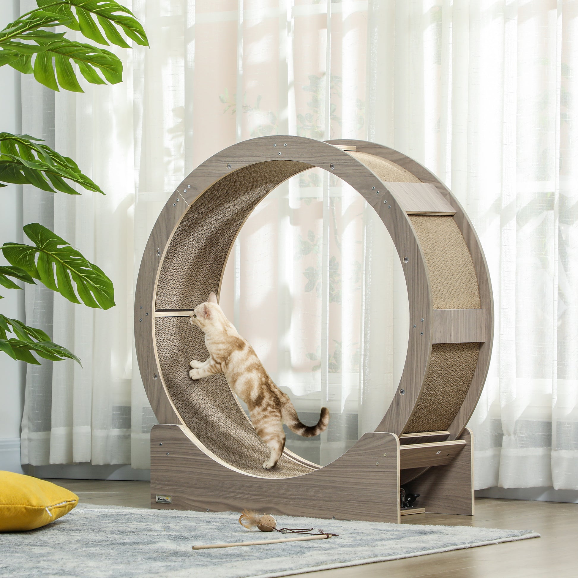 Cat Exercise Wheel 91 cm Diameter Cat Wheel with Brake Treadmill Scratching Pad, Cat Wheel Track for Weight Loss & Health, Walnut