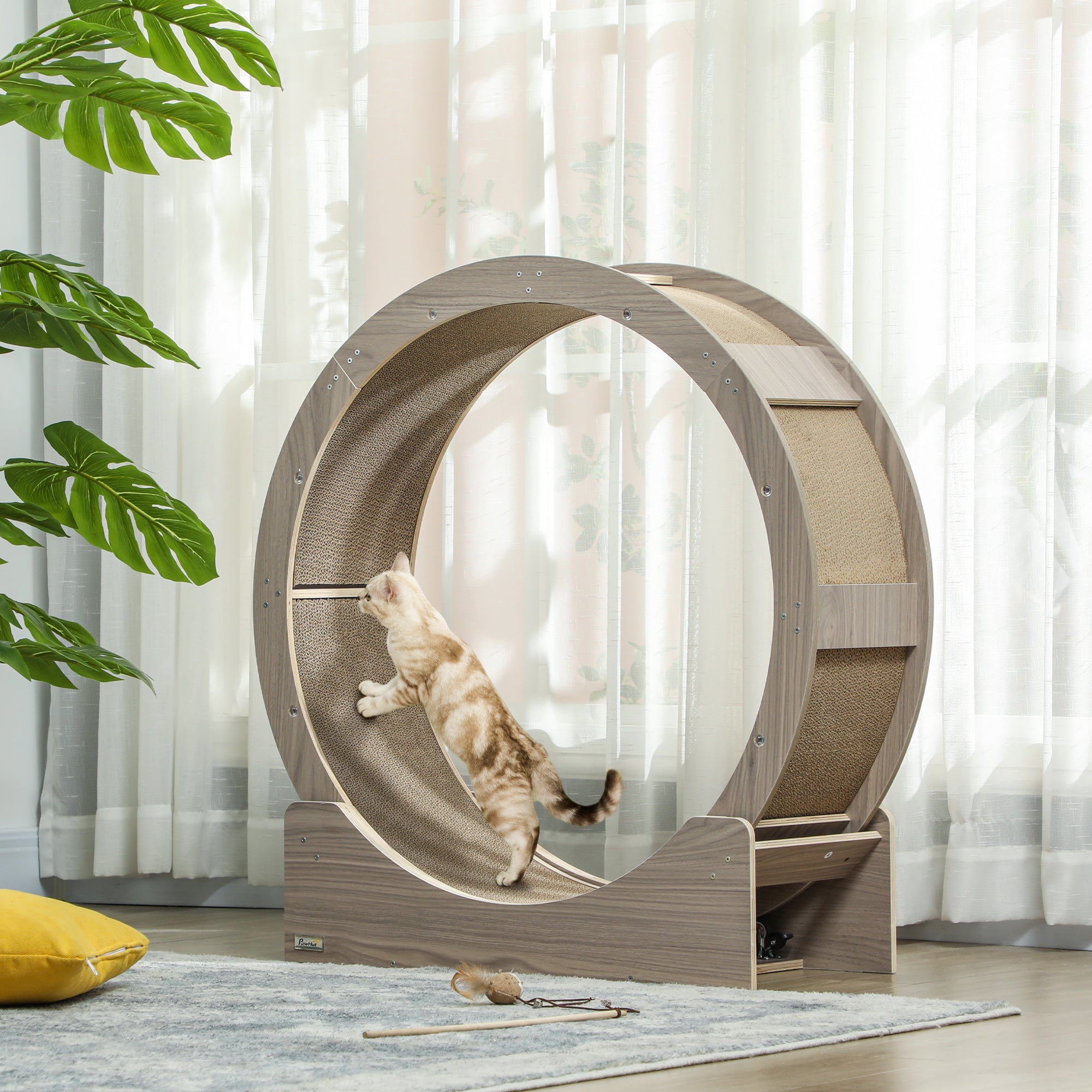 Cat Exercise Wheel 91 cm Diameter Cat Wheel with Brake Treadmill Scratching Pad, Cat Wheel Track for Weight Loss & Health, Walnut