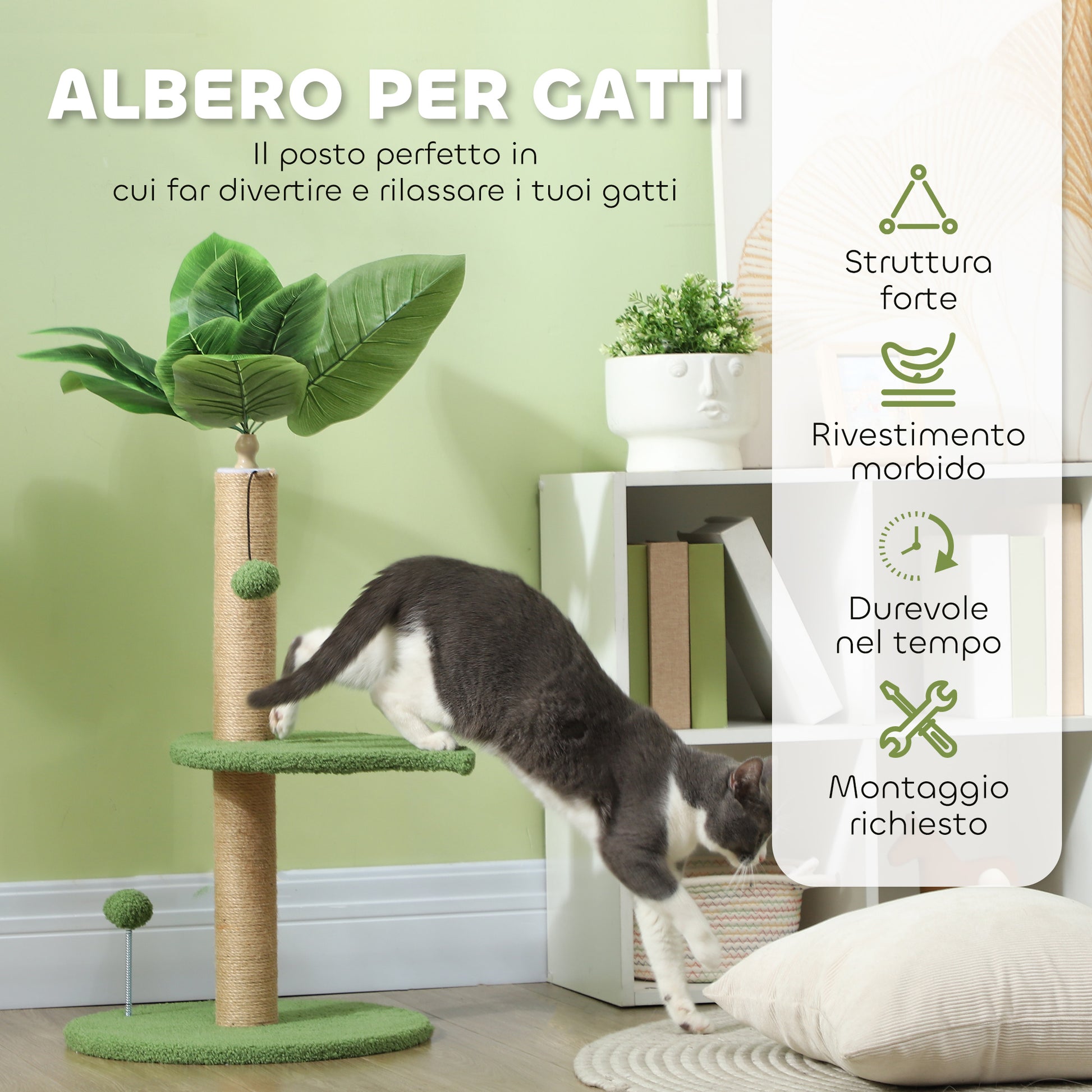 Cat Tree with Scratching Post, Platforms and Toy Balls, Plush and Chipboard Cat Tower, Ø40x83 cm, Green