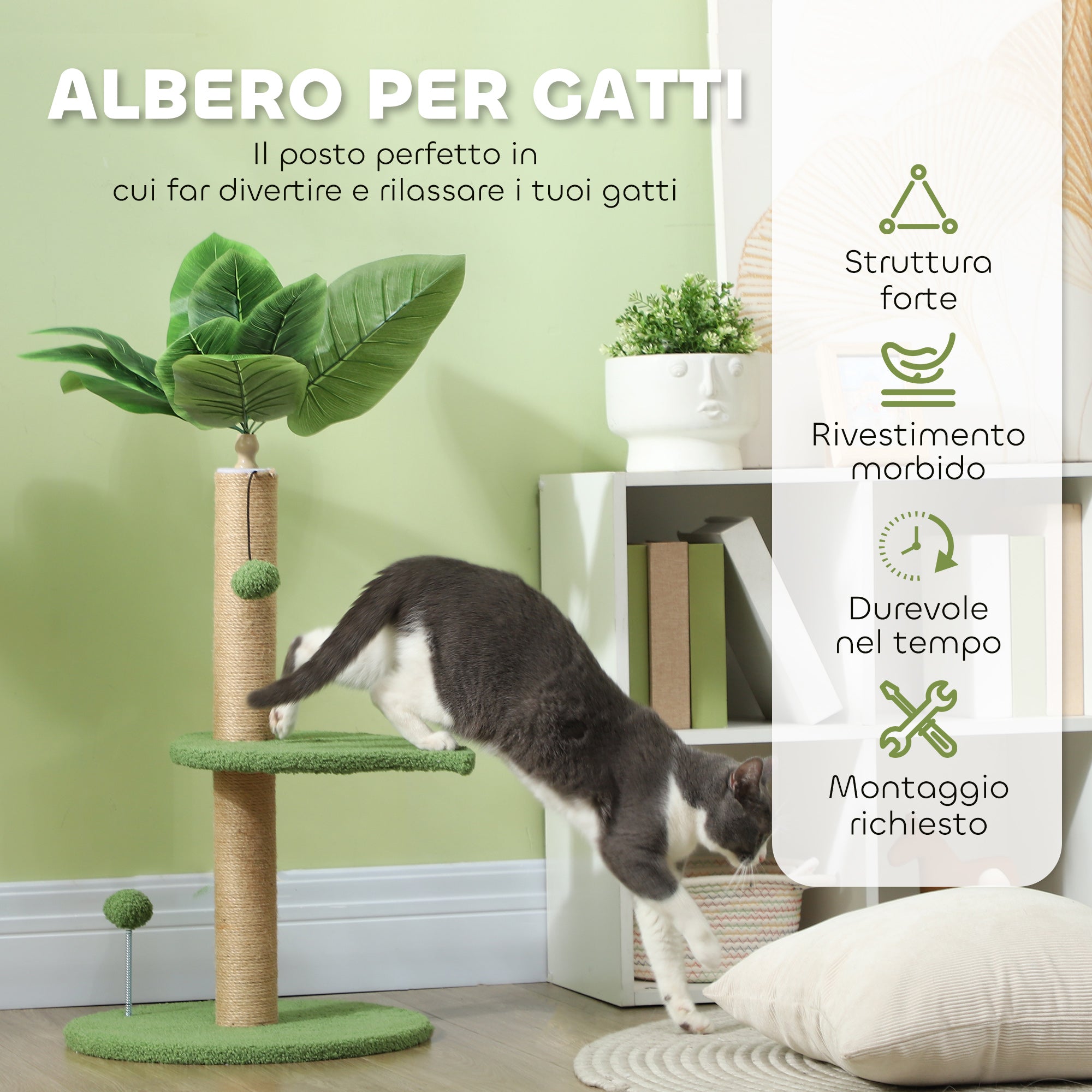 Cat Tree with Scratching Post, Platforms and Toy Balls, Plush and Chipboard Cat Tower, Ø40x83 cm, Green
