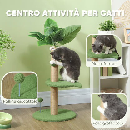 Cat Tree with Scratching Post, Platforms and Toy Balls, Plush and Chipboard Cat Tower, Ø40x83 cm, Green