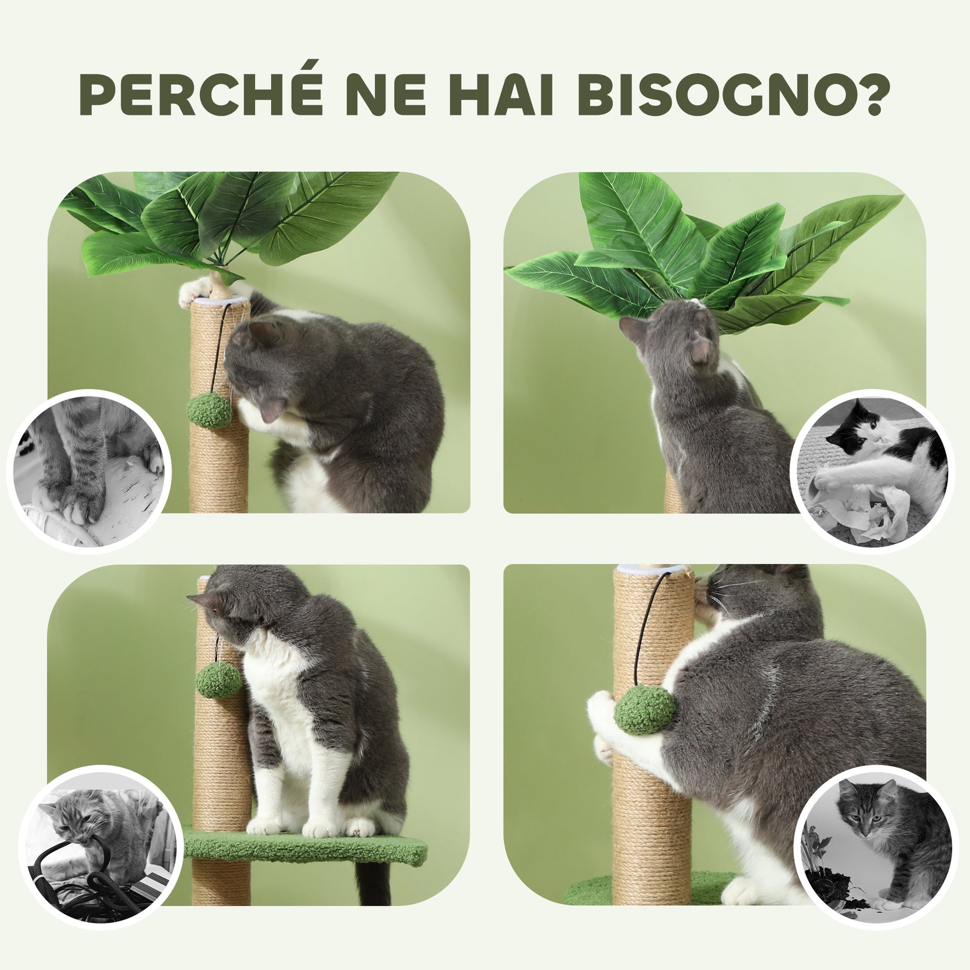 Cat Tree with Scratching Post, Platforms and Toy Balls, Plush and Chipboard Cat Tower, Ø40x83 cm, Green
